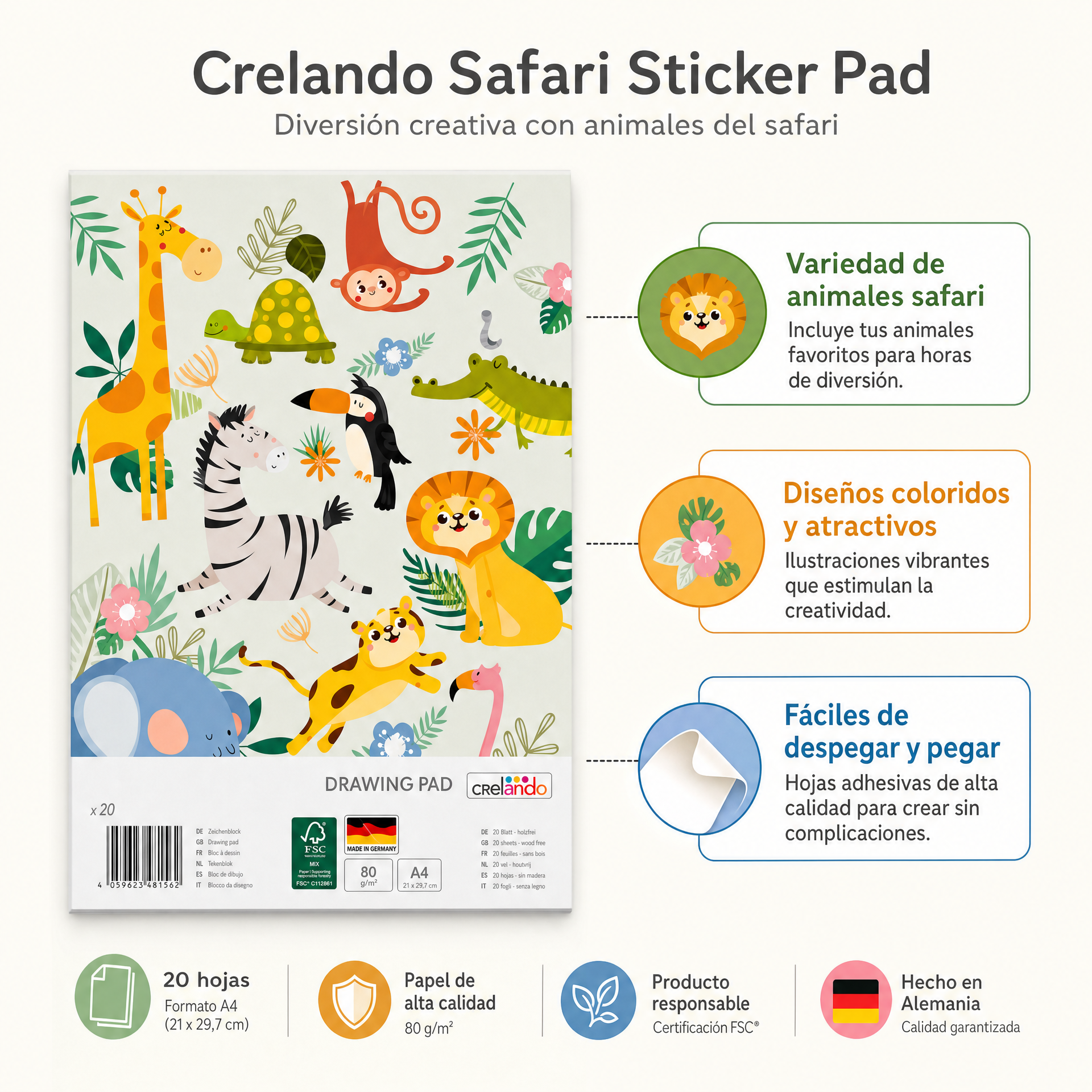 Crelando Pegatinas infantiles temática Safari, fáciles de despegar y pegar