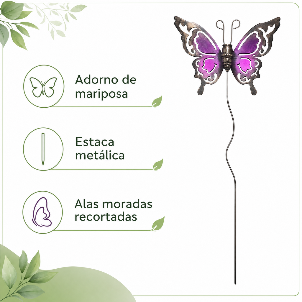 Mariposa decorativa para jardín con estaca metálica y alas moradas