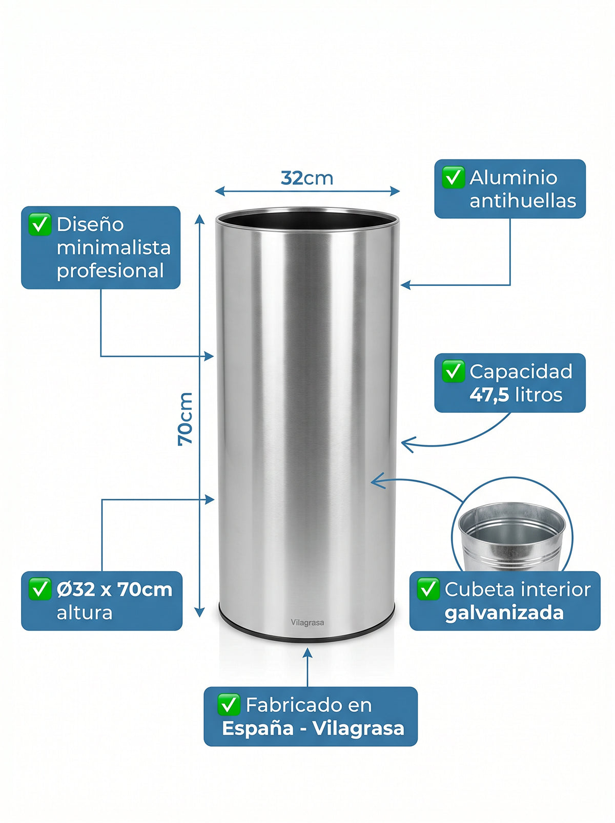 Papelera BAS-1020 Vilagrasa Aluminio Gran Capacidad 47,5L