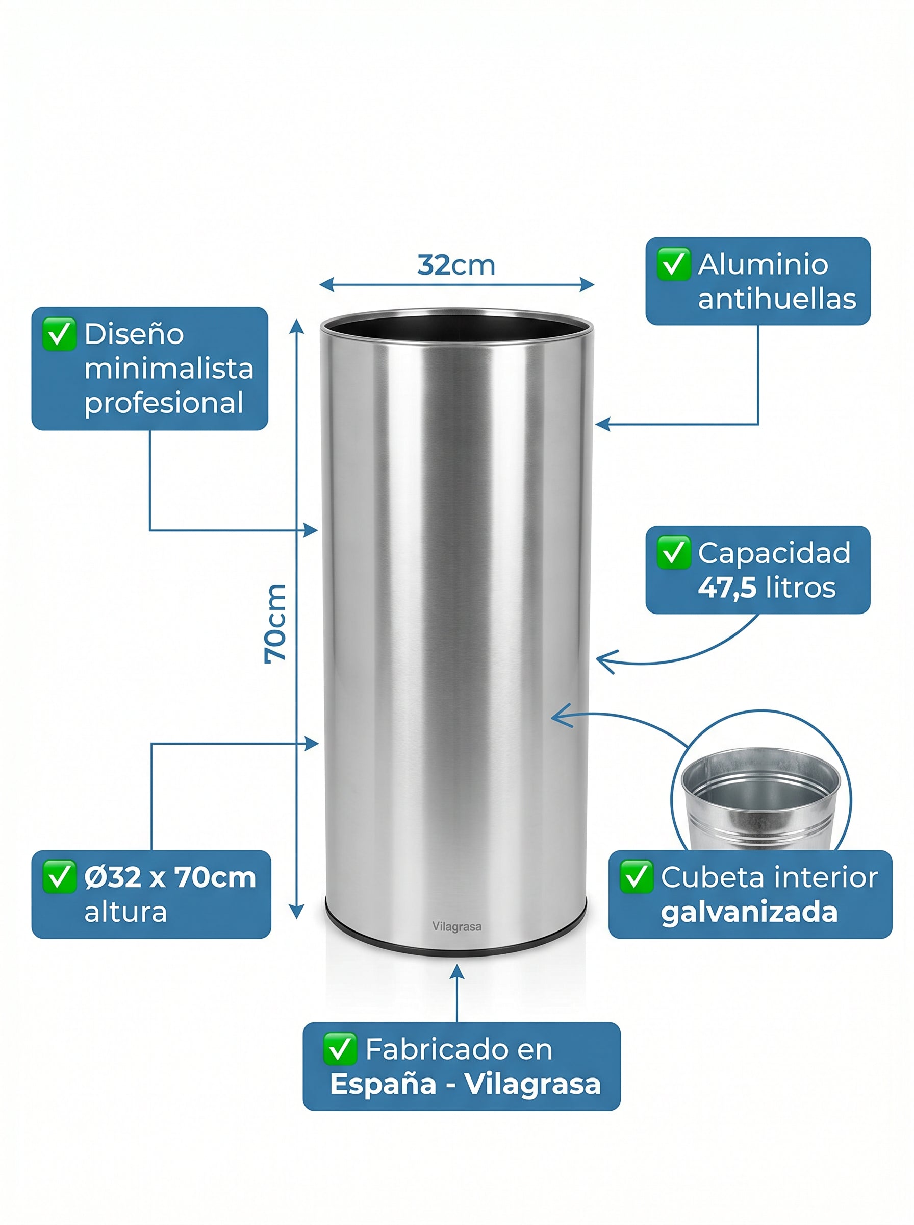 Papelera BAS-1020 Vilagrasa Aluminio Gran Capacidad 47,5L