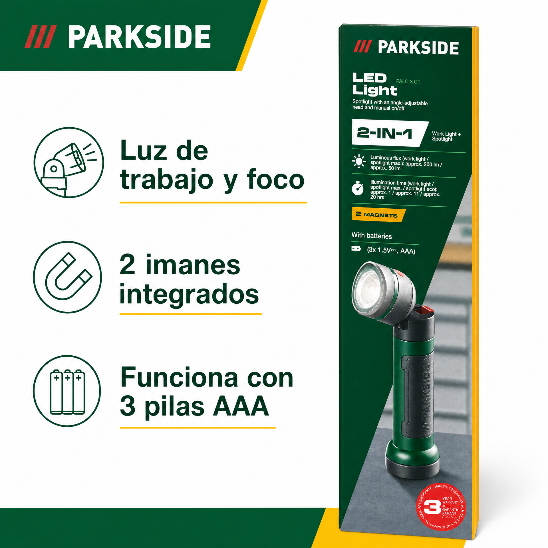 Parkside Linterna de Trabajo LED 2 en 1 PALC 3 C1