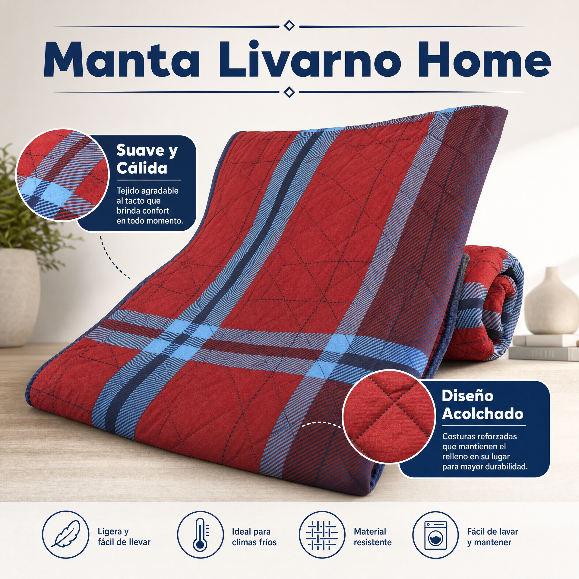 Manta Acolchada Livarno Home a Cuadros Rojos y Azules