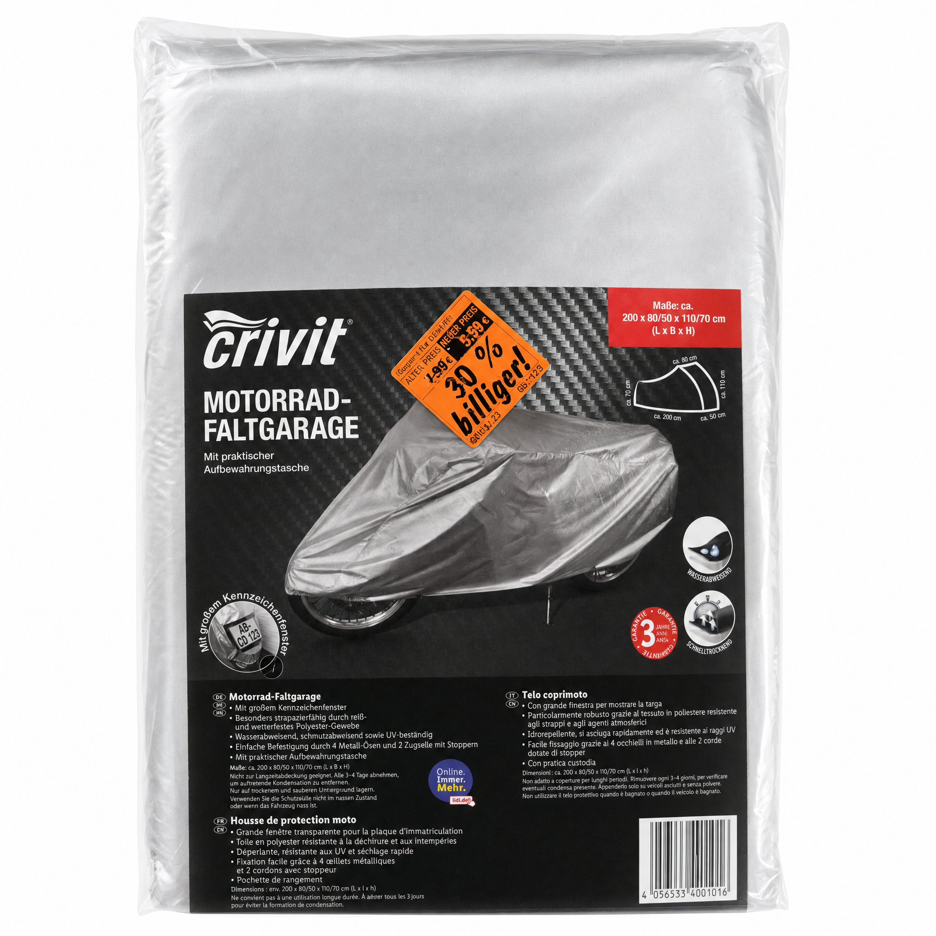 Crivit Funda Plegable para Moto 200 × 80/50 × 110/70 cm
