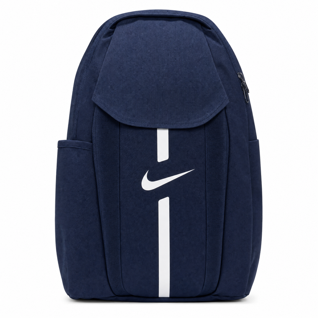 Mochila Nike azul marino con logotipo visible y compartimento principal