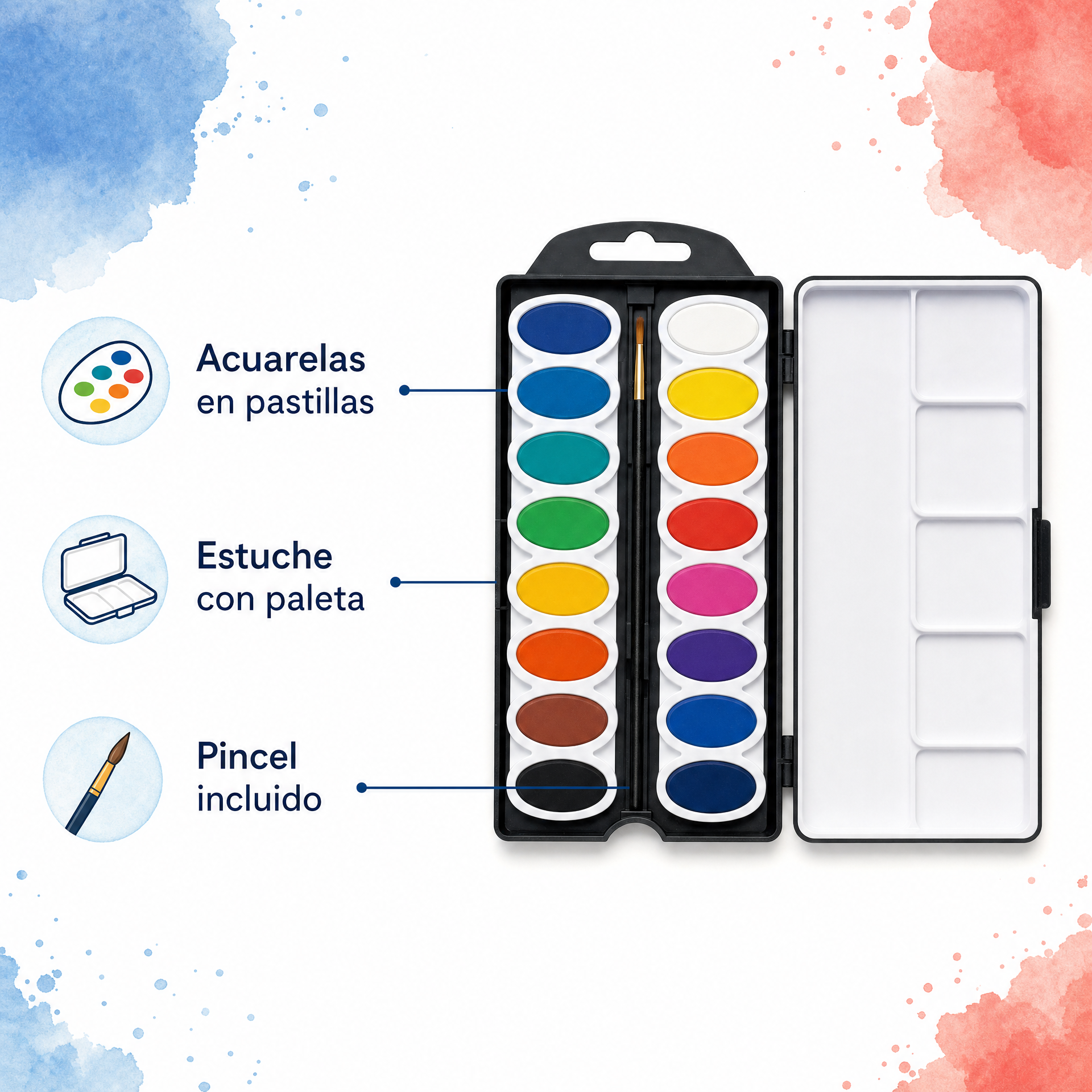 United Office - Set de acuarelas en pastillas con estuche y pincel