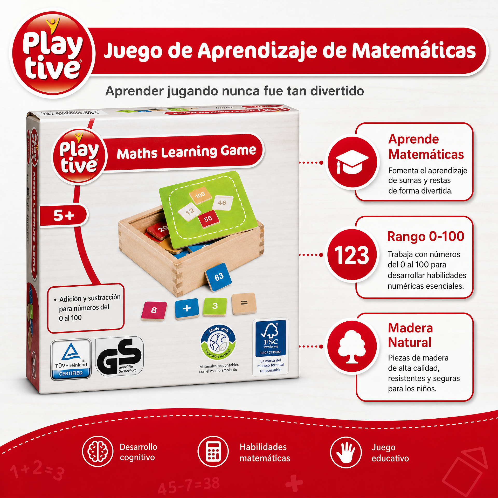 Playtive Juego educativo de matemáticas con fichas de números 0-100 para sumas y restas 5+