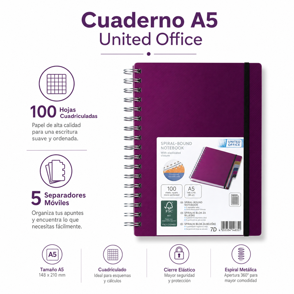 Cuaderno A5 United Office con Espiral Morado
