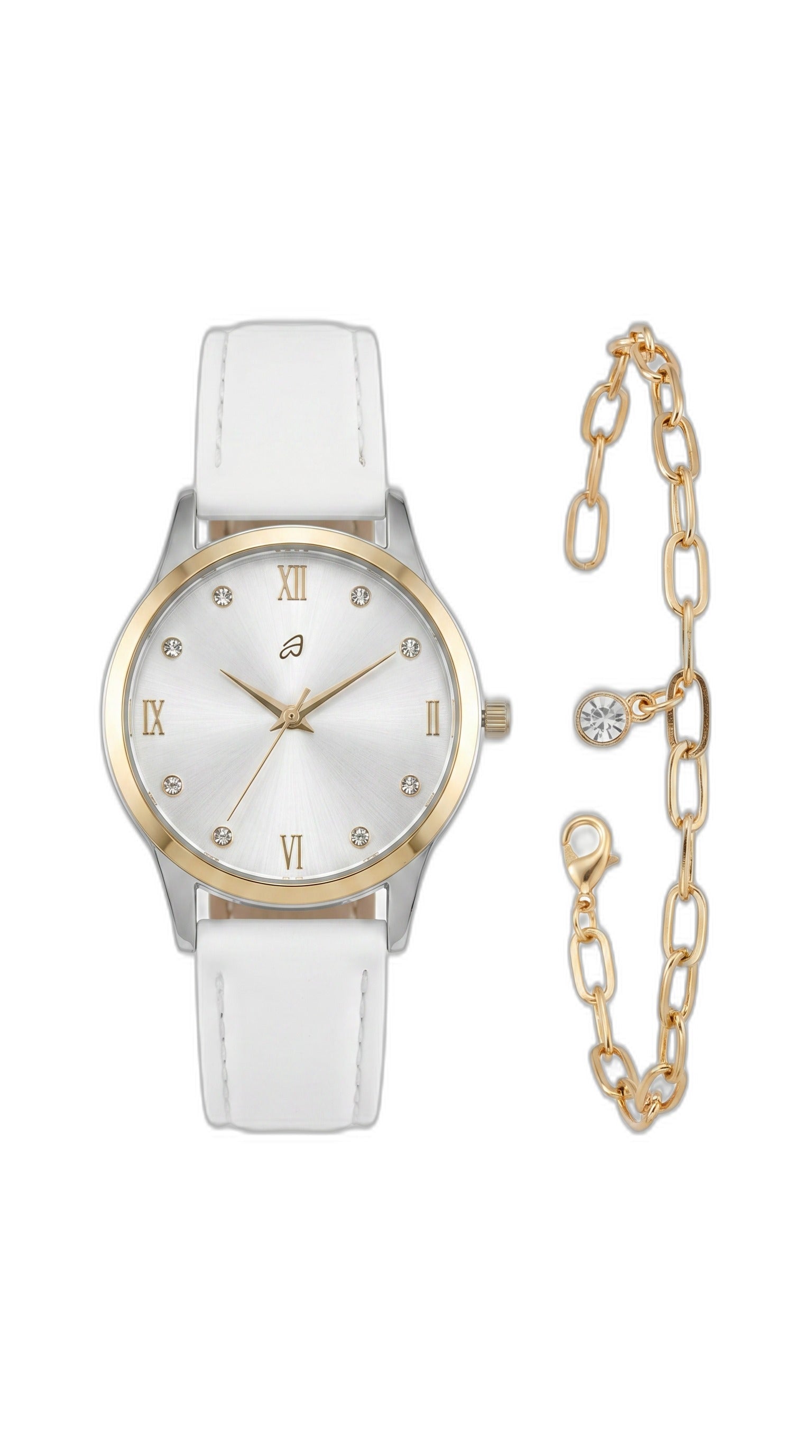 Set Reloj y Pulsera Auriol Mujer Blanco/Plateado — Cadena Dorada + Brillantes
