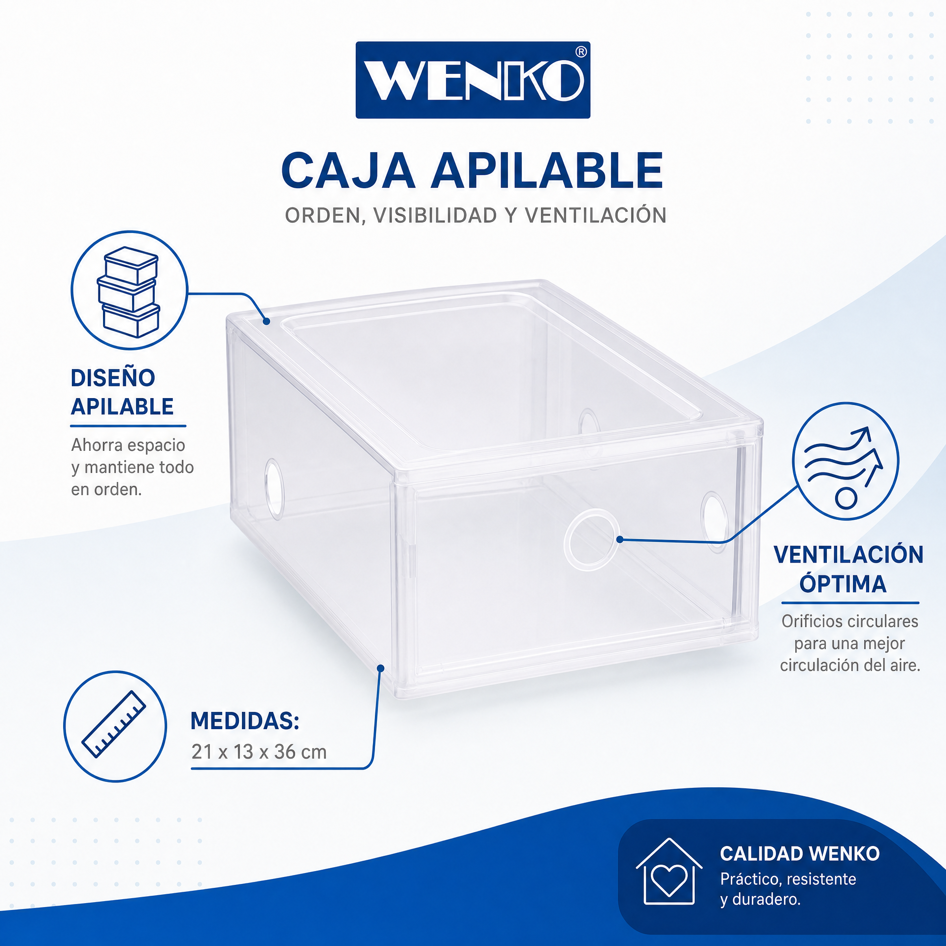Caja apilable transparente para zapatos con orificios circulares
