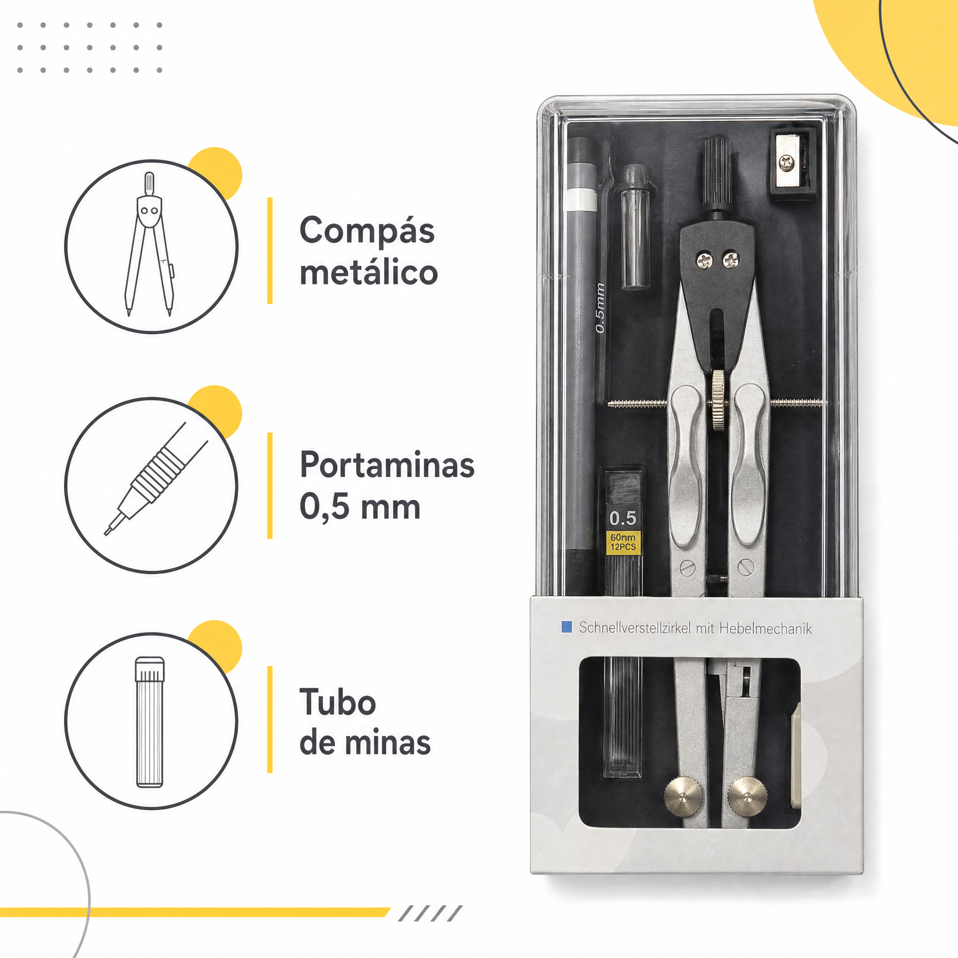 Set de compás metálico y portaminas 0,5 mm