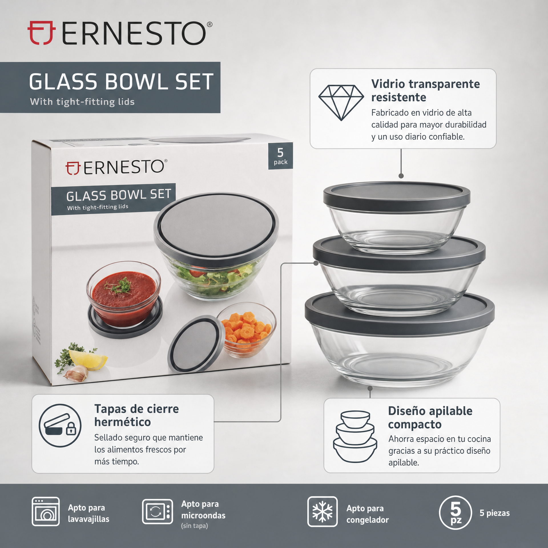 Ernesto set de 5 cuencos de vidrio transparentes con tapas herméticas apilables