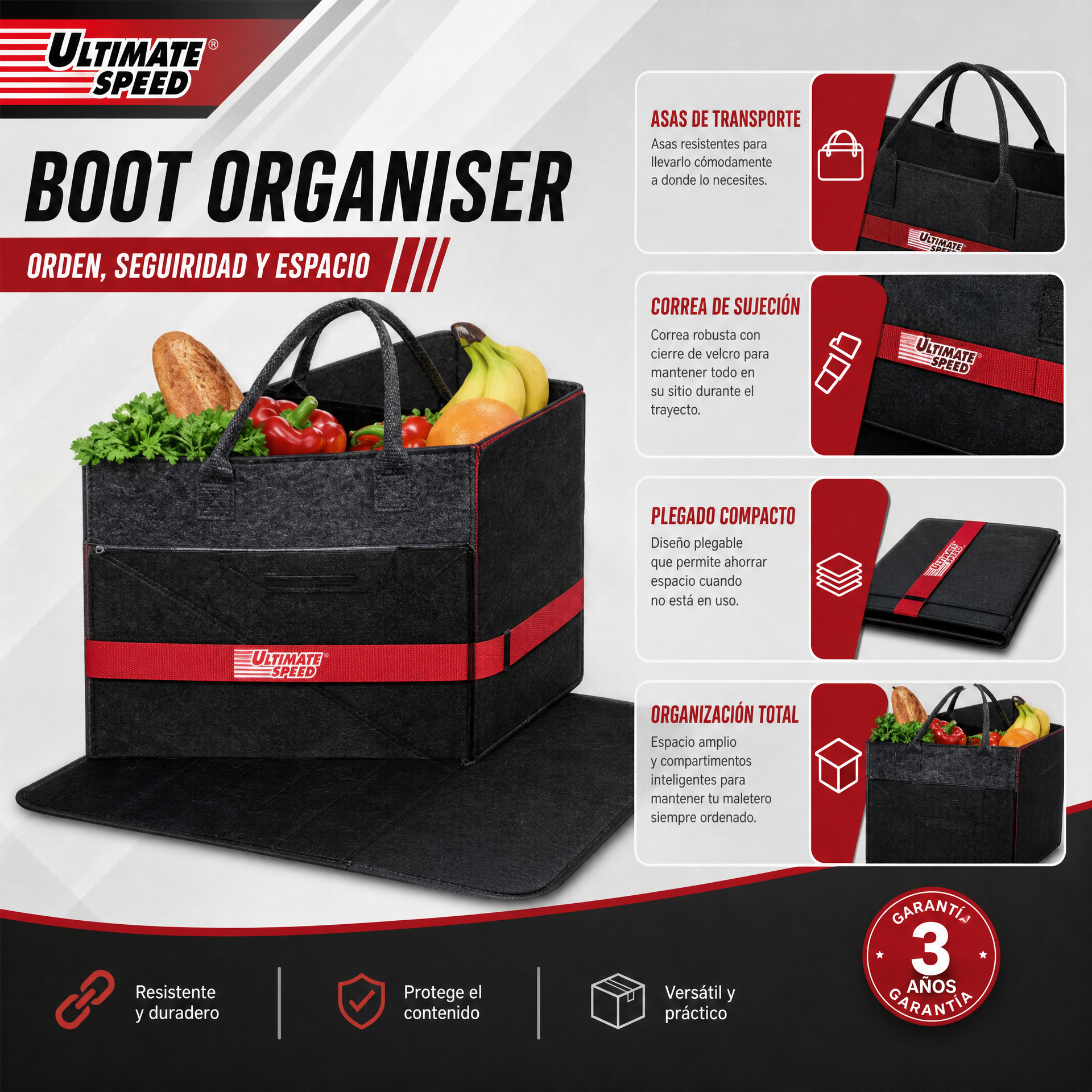 Ultimate Speed — Organizador de maletero con asas y correa roja