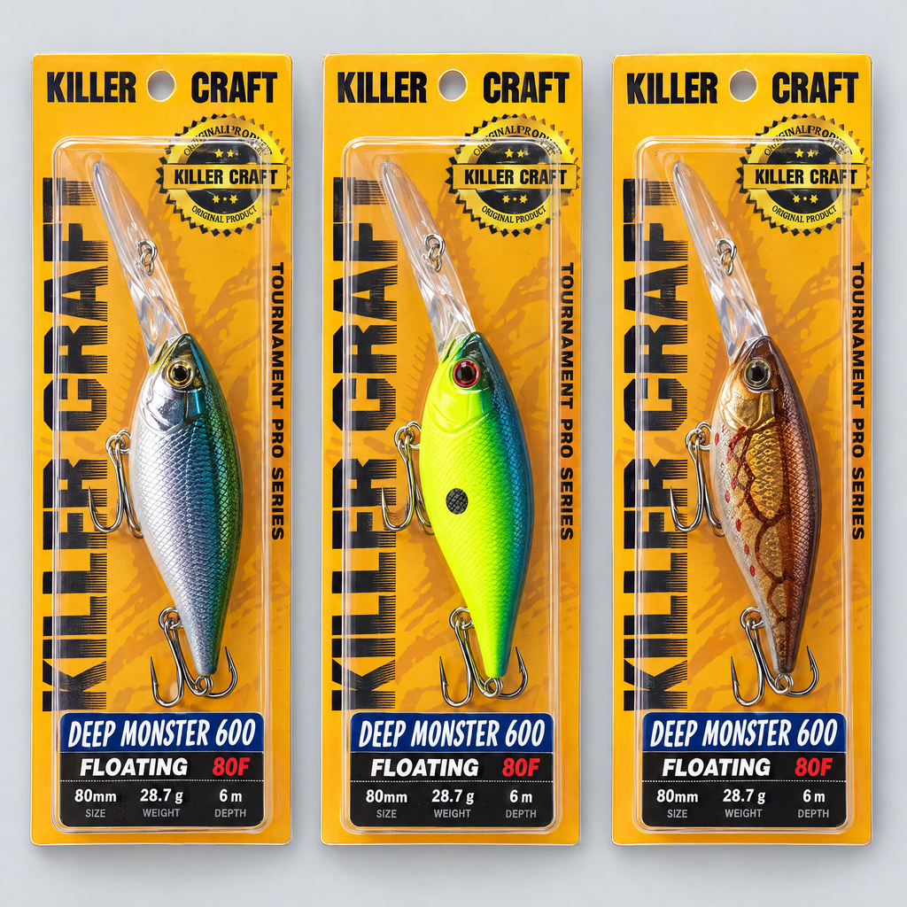 Killer Craft Deep Monster 600 80F, tres colores en sus blísteres — detalle del conjunto