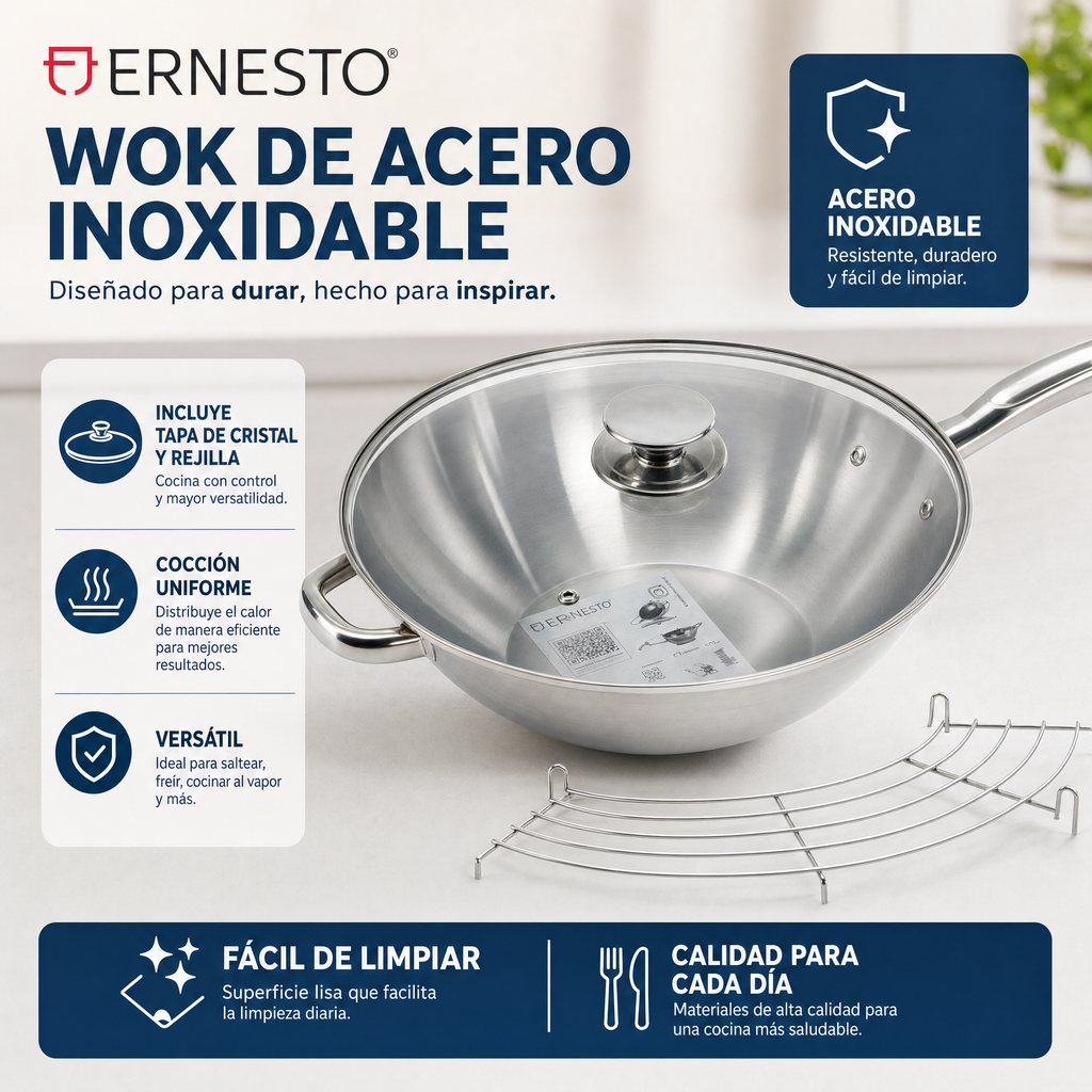 Ernesto Wok de acero inoxidable