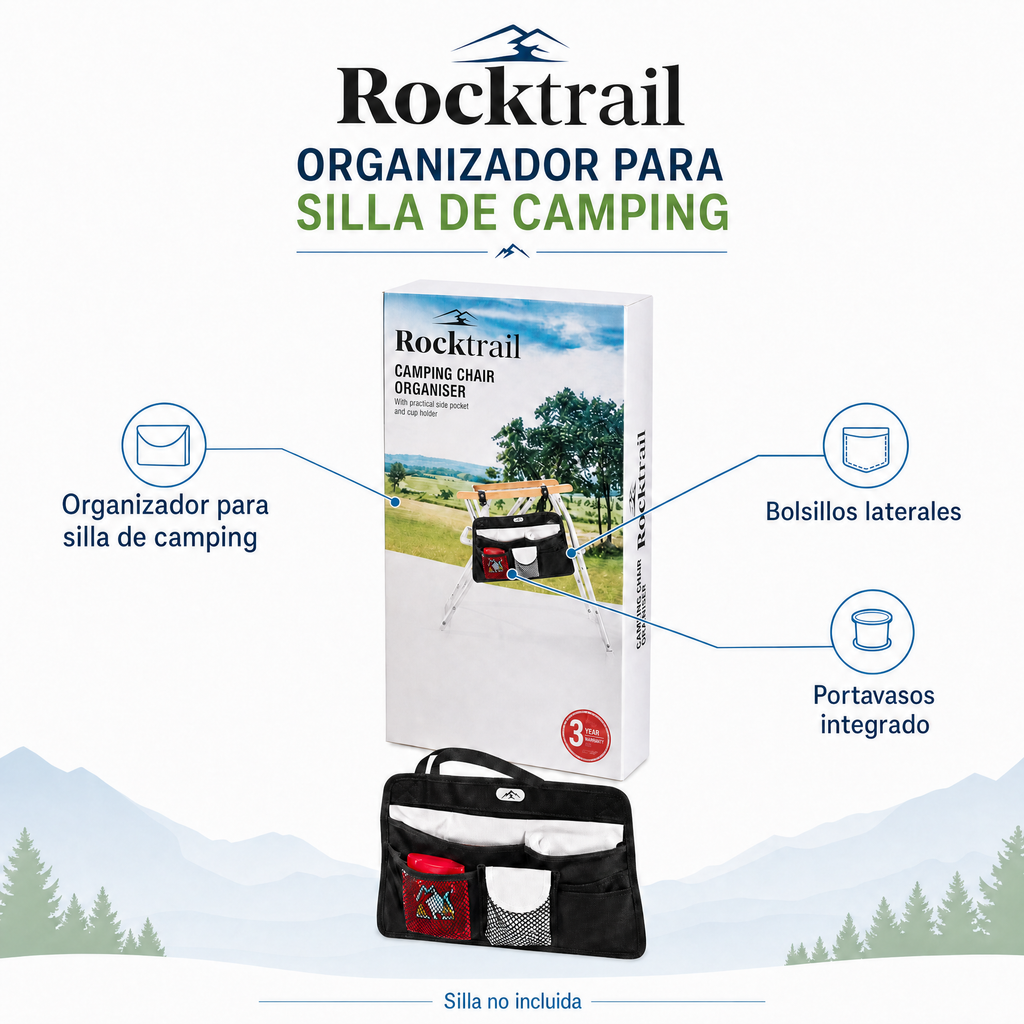 Rocktrail Organizador para Silla de Camping – Bolsillos y Portavasos