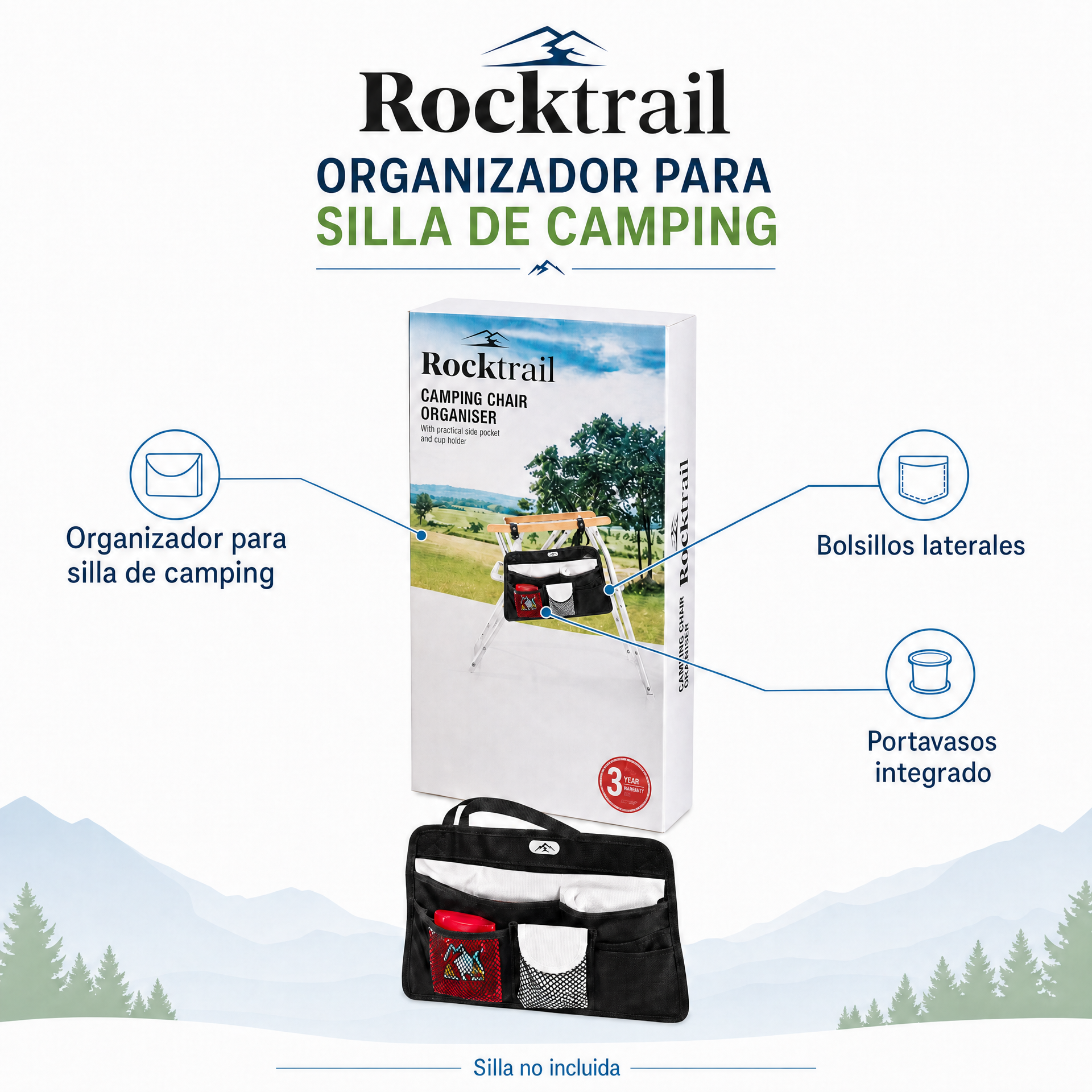 Rocktrail Organizador para Silla de Camping – Bolsillos y Portavasos