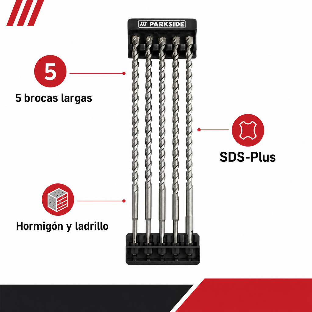 Parkside Set de 5 Brocas SDS-Plus Extra Largas para Hormigón