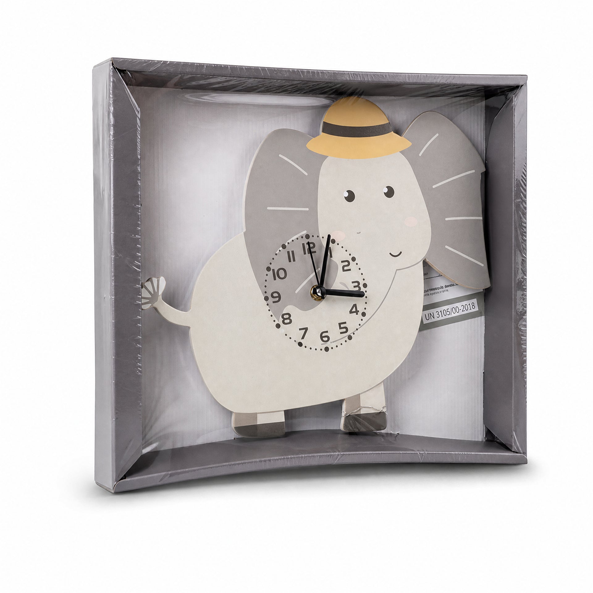 Reloj de pared en forma de elefante gris con sombrero amarillo y esfera analógica