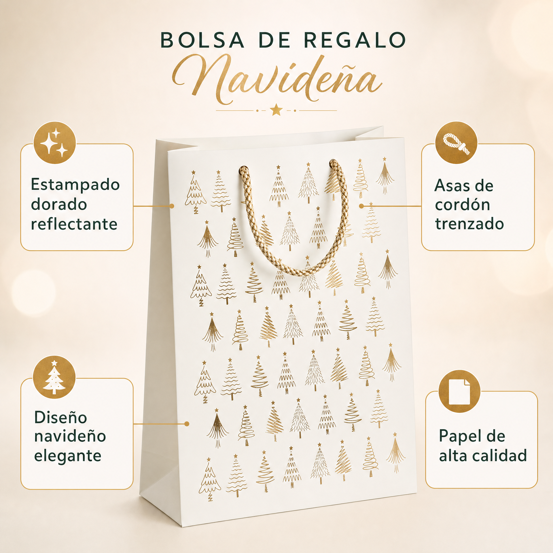 Bolsa de regalo navideña con estampado de árboles dorados y asas trenzadas
