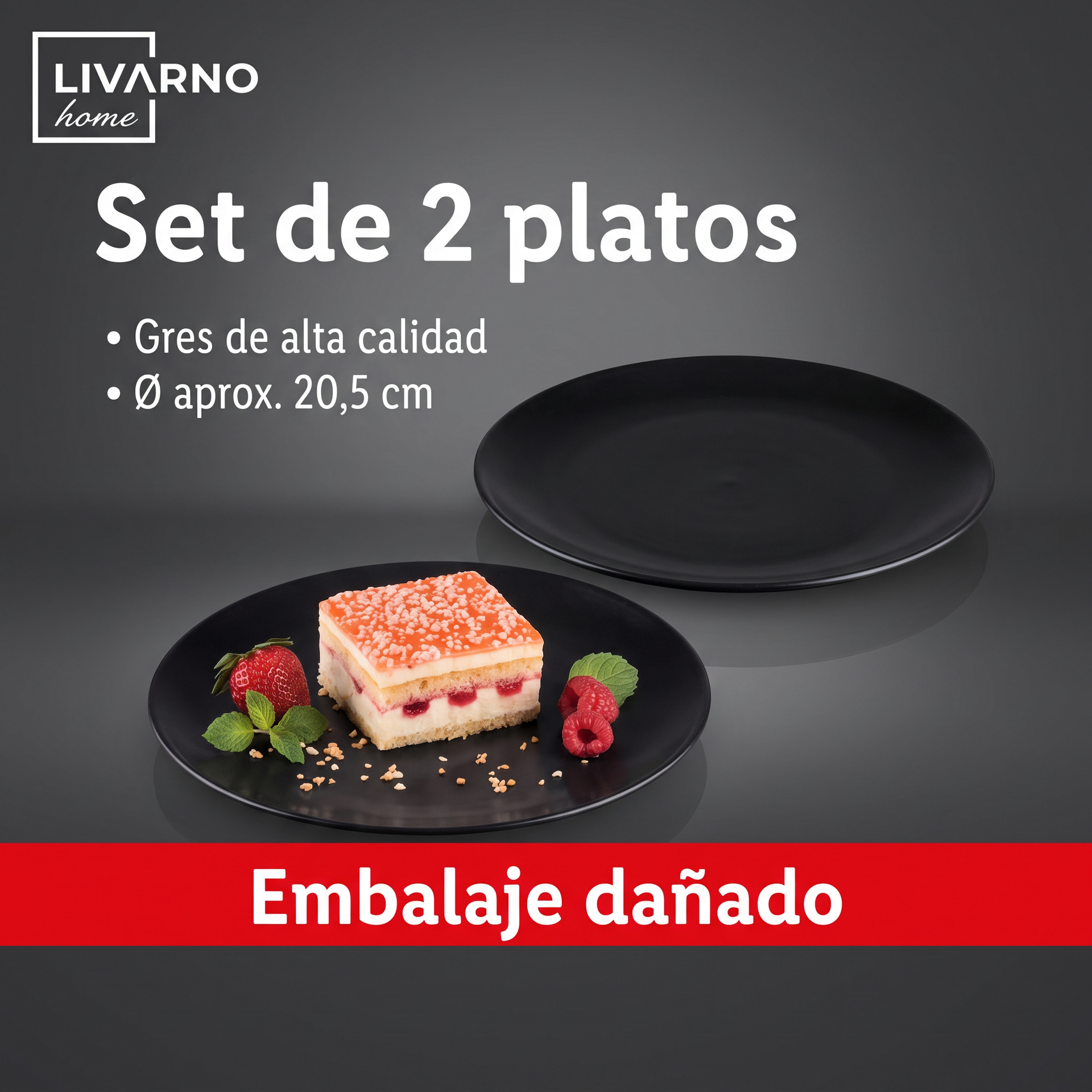 Livarno Home Set de 2 Platos de Gres Negros Ø 20,5 cm