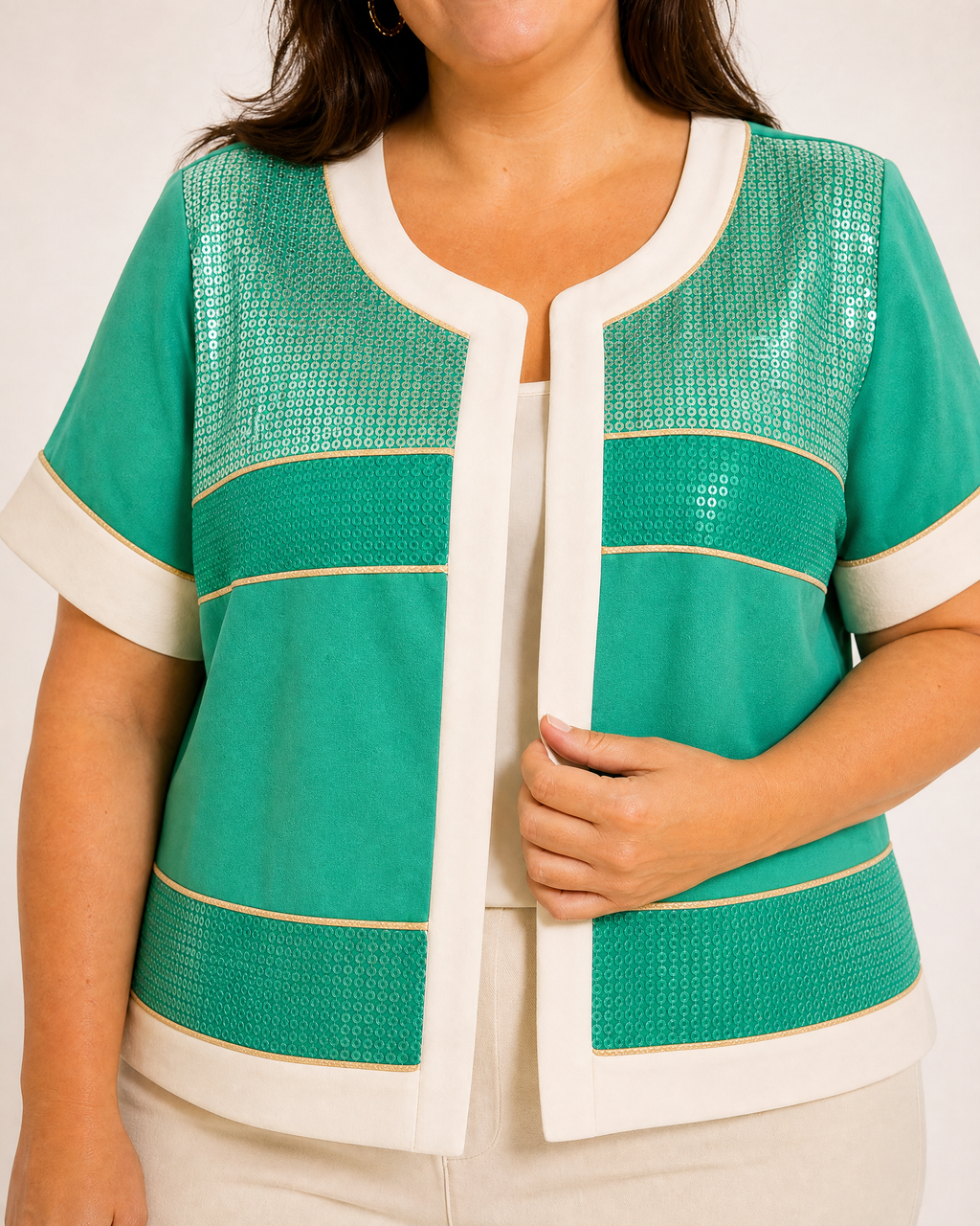 Chaqueta con Lentejuelas Verde y Coral · Tallas 38–48 | ANANY