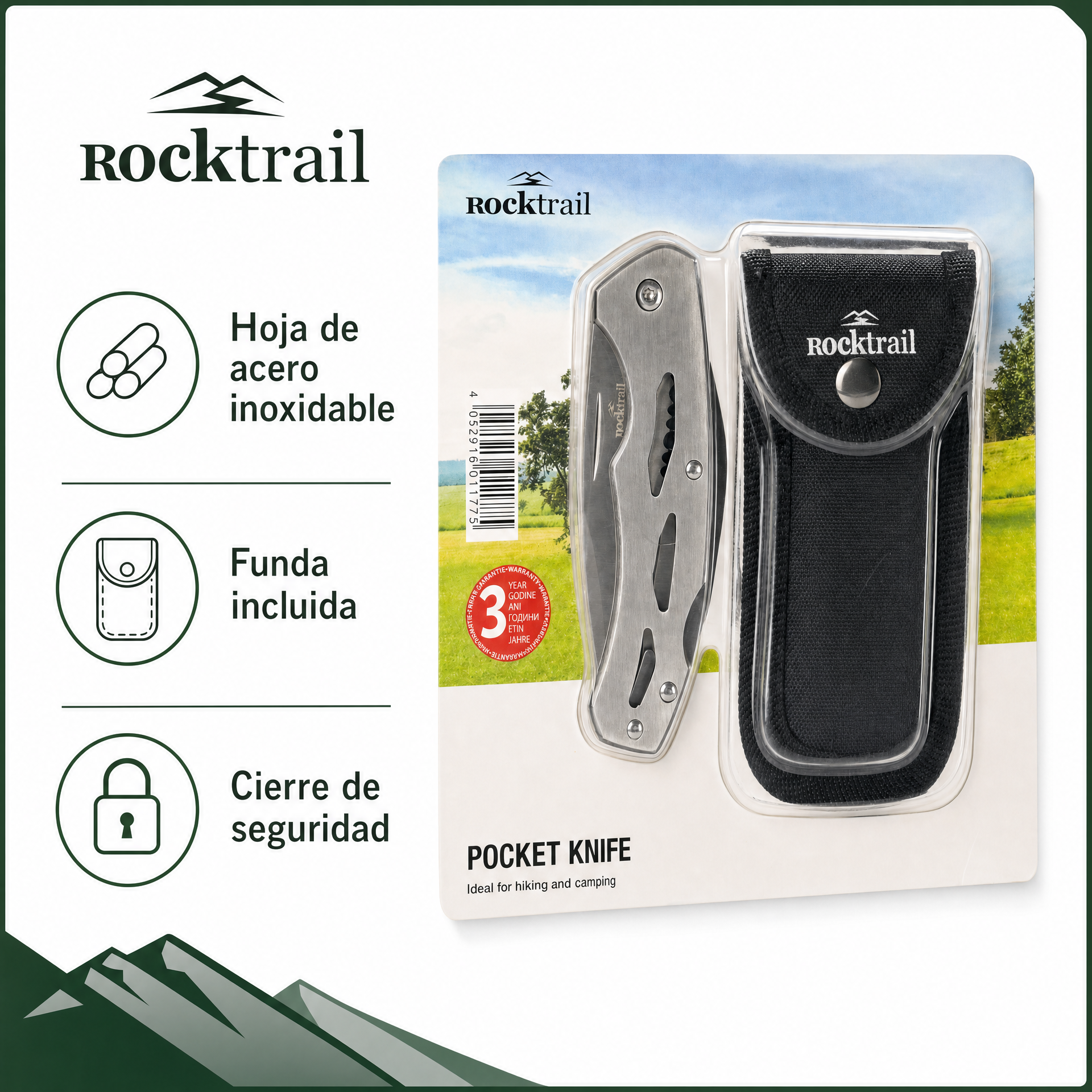 Rocktrail Navaja de Bolsillo de Acero con Funda
