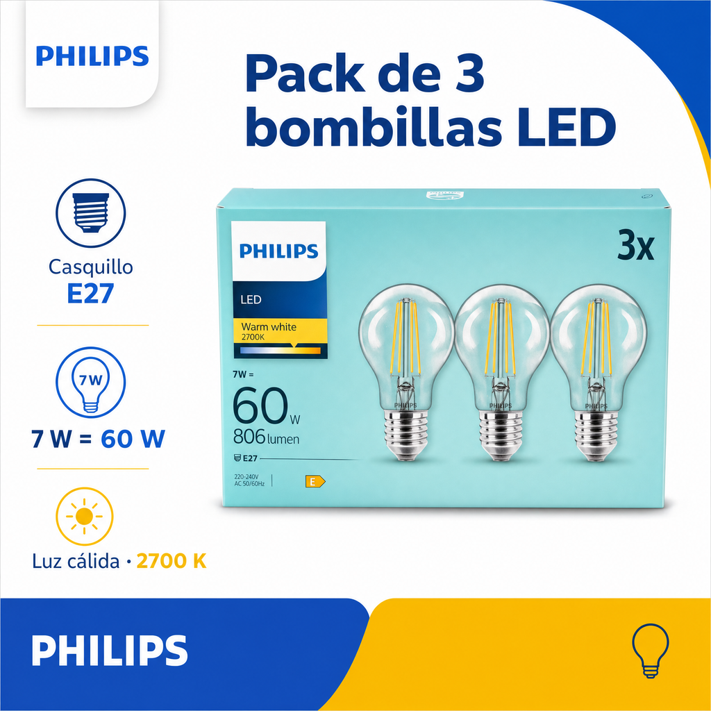 Philips Pack 3 Bombillas LED Filamento E27 7W (60W) Luz Cálida