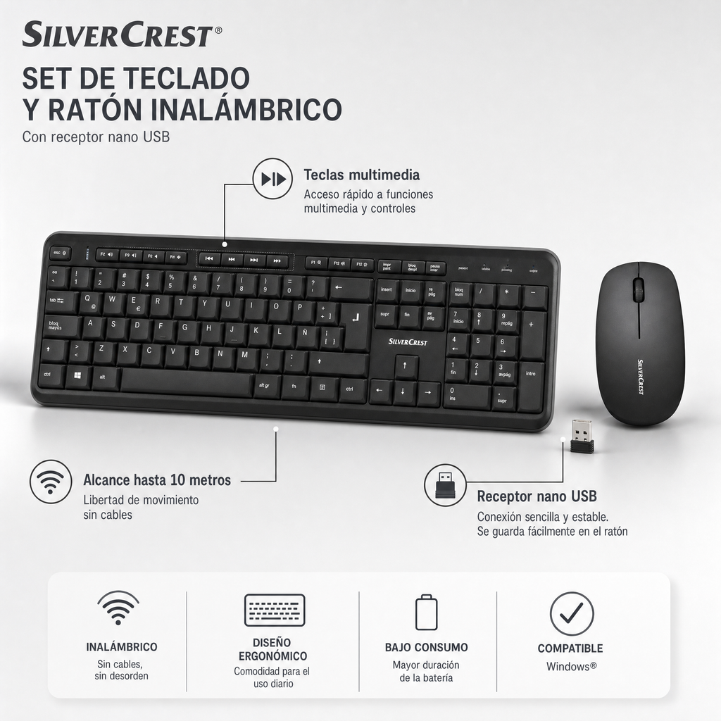 Silvercrest Teclado completo y ratón ergonómico inalámbricos 2,4 GHz con receptor nano USB