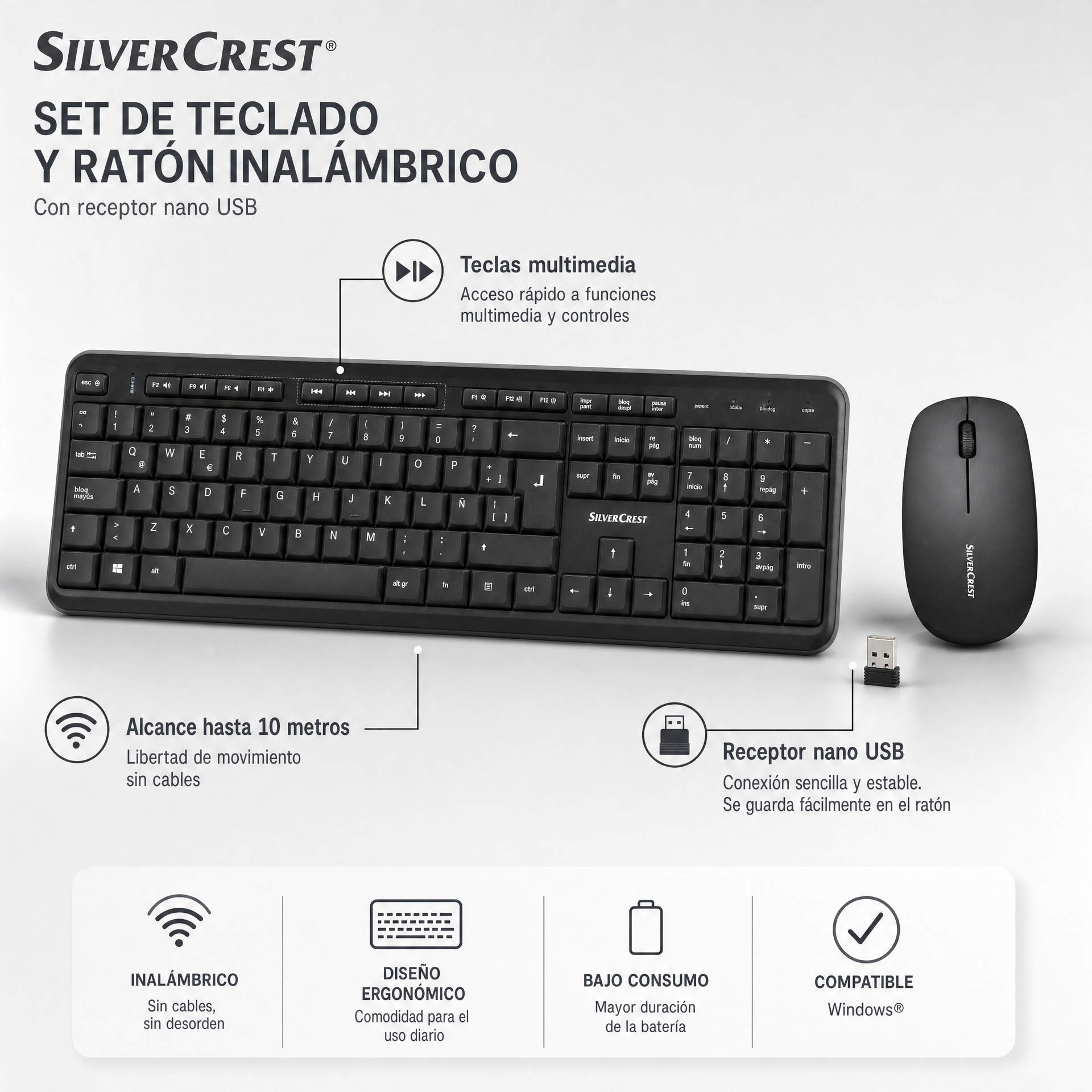 Silvercrest Teclado completo y ratón ergonómico inalámbricos 2,4 GHz con receptor nano USB
