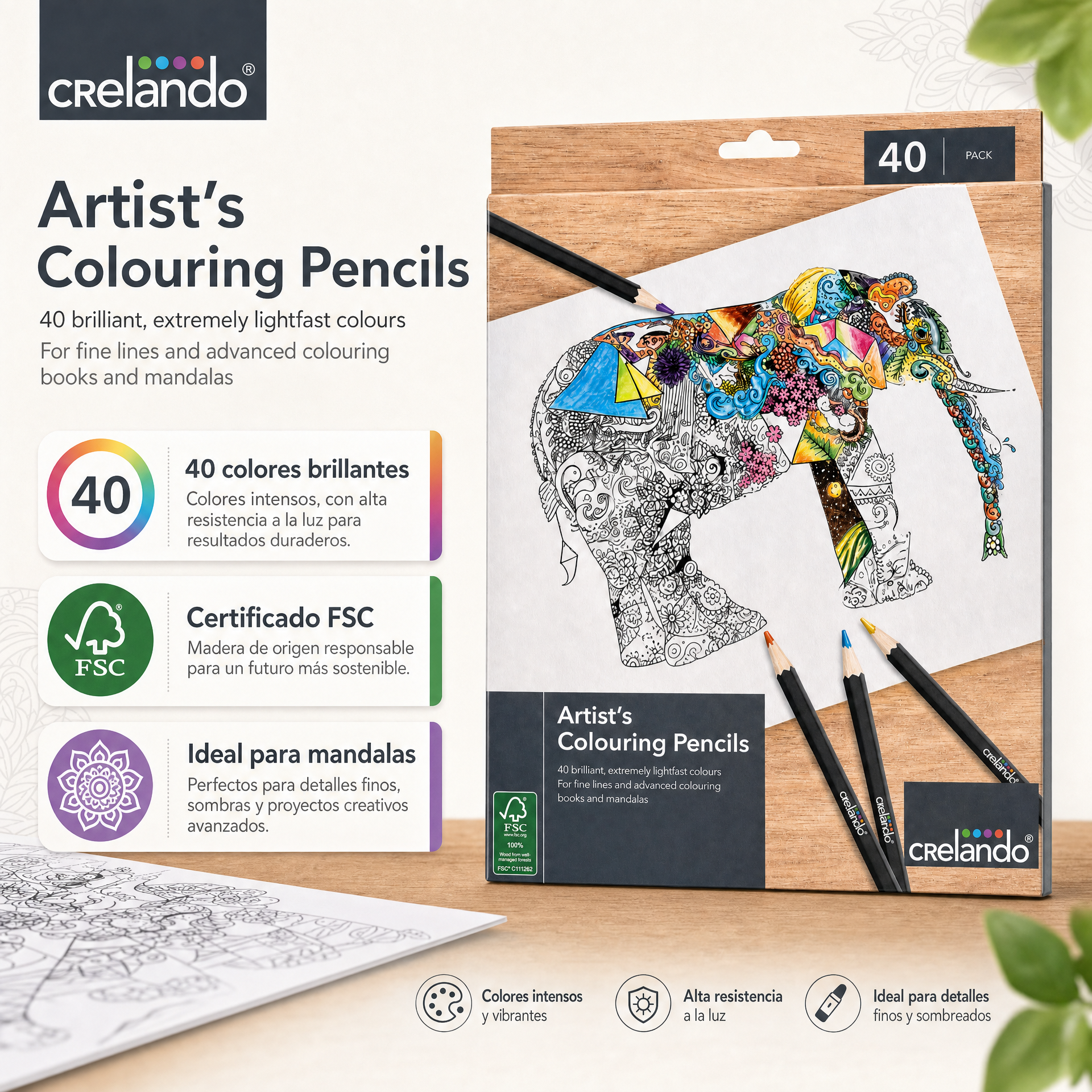 Crelando pack de 40 lápices de colores con logo FSC