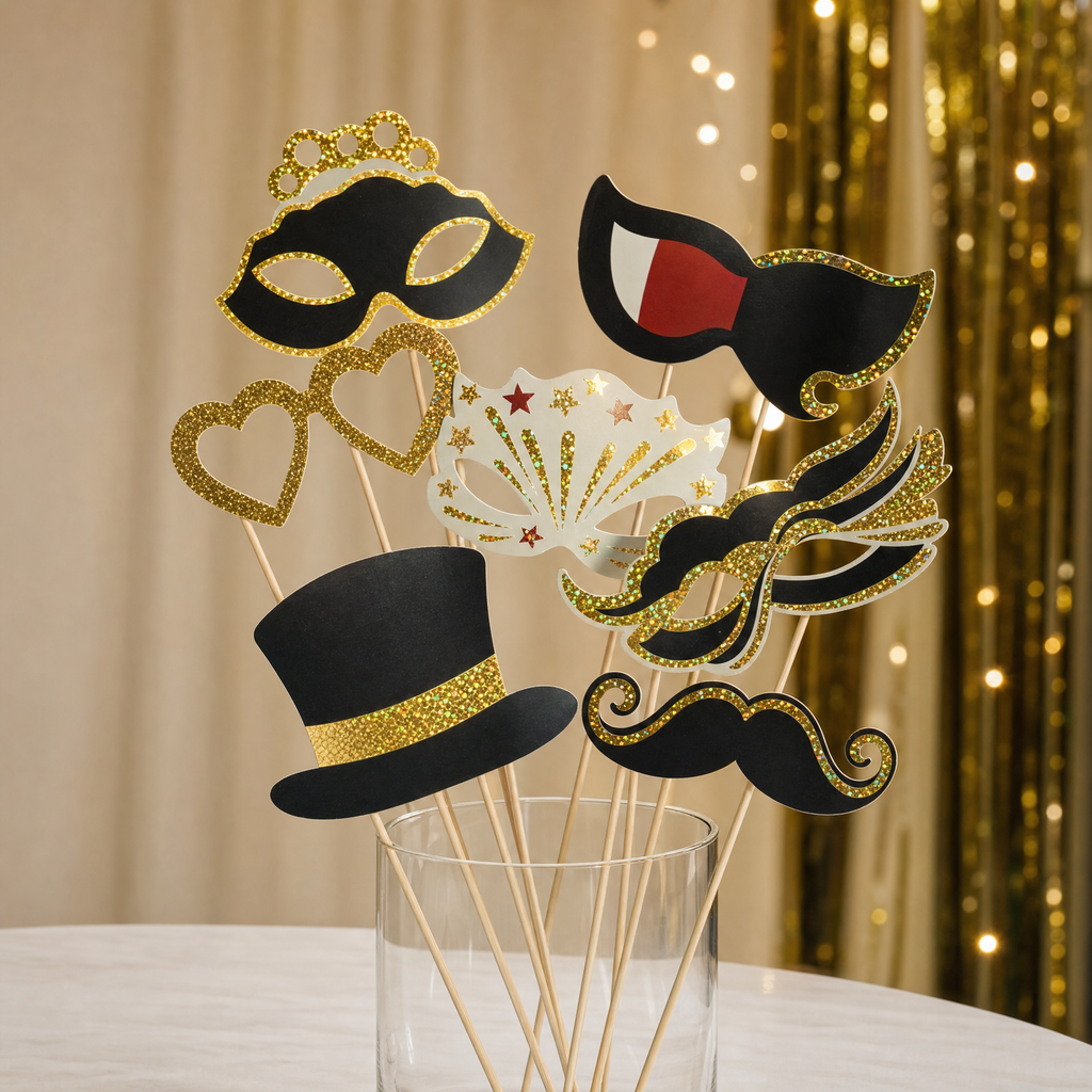 Colección Fiesta - Set de 8 máscaras en palito con detalles dorados