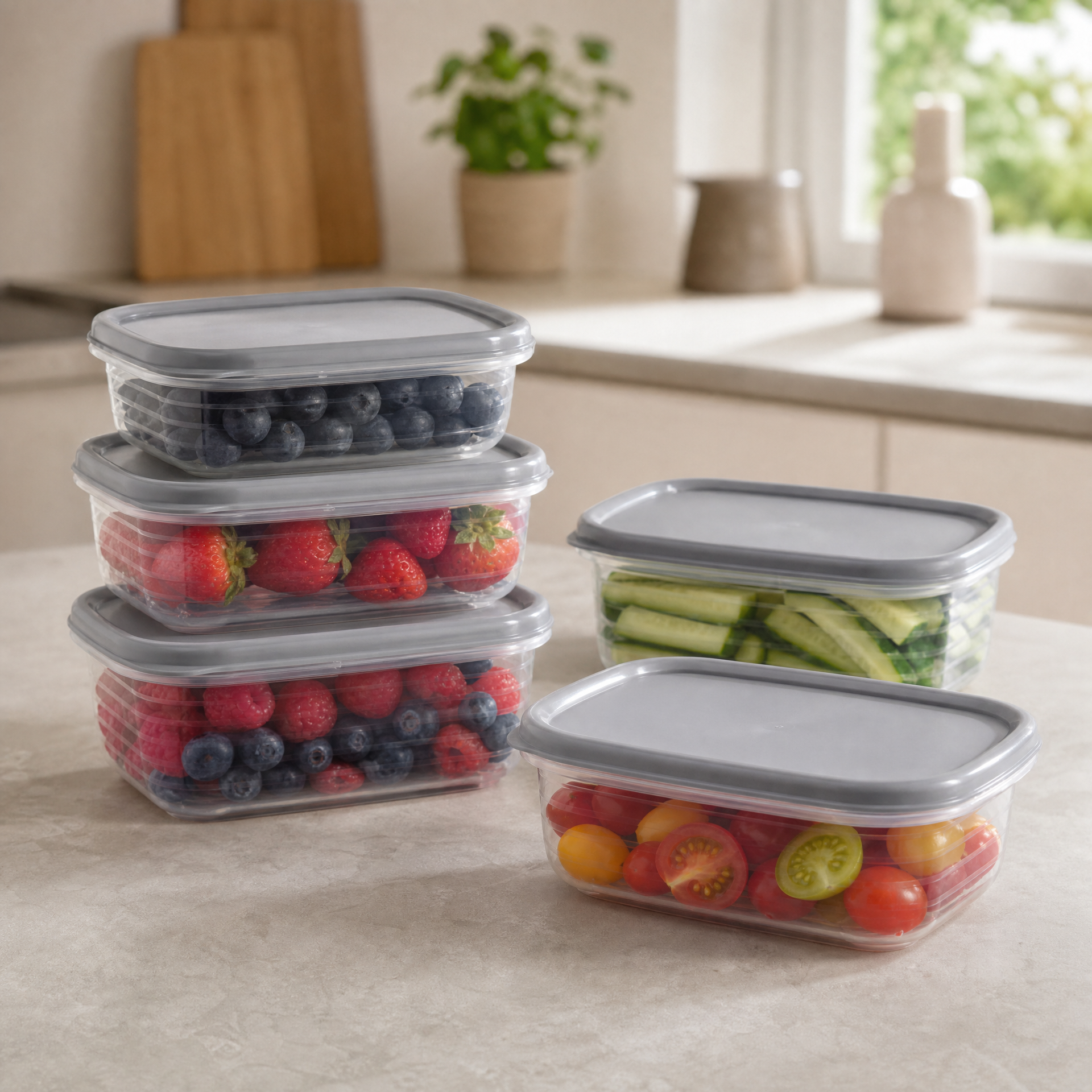 SILVERCREST Set de 5 Recipientes 0,6 L con Tapas Grises