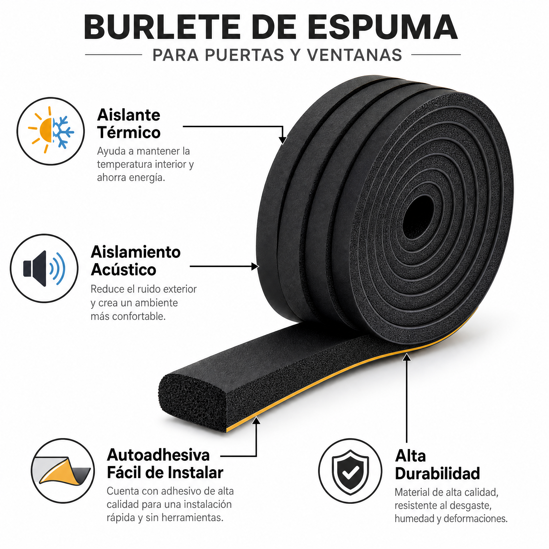 Cinta Adhesiva Espuma Sellado Puertas y Ventanas 10m