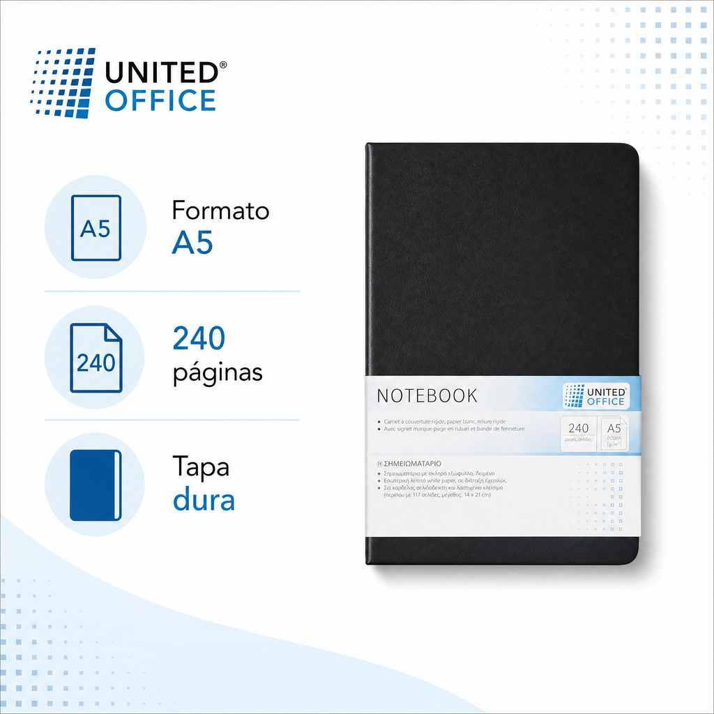 United Office cuaderno A5 - tapa dura negra, 240 páginas