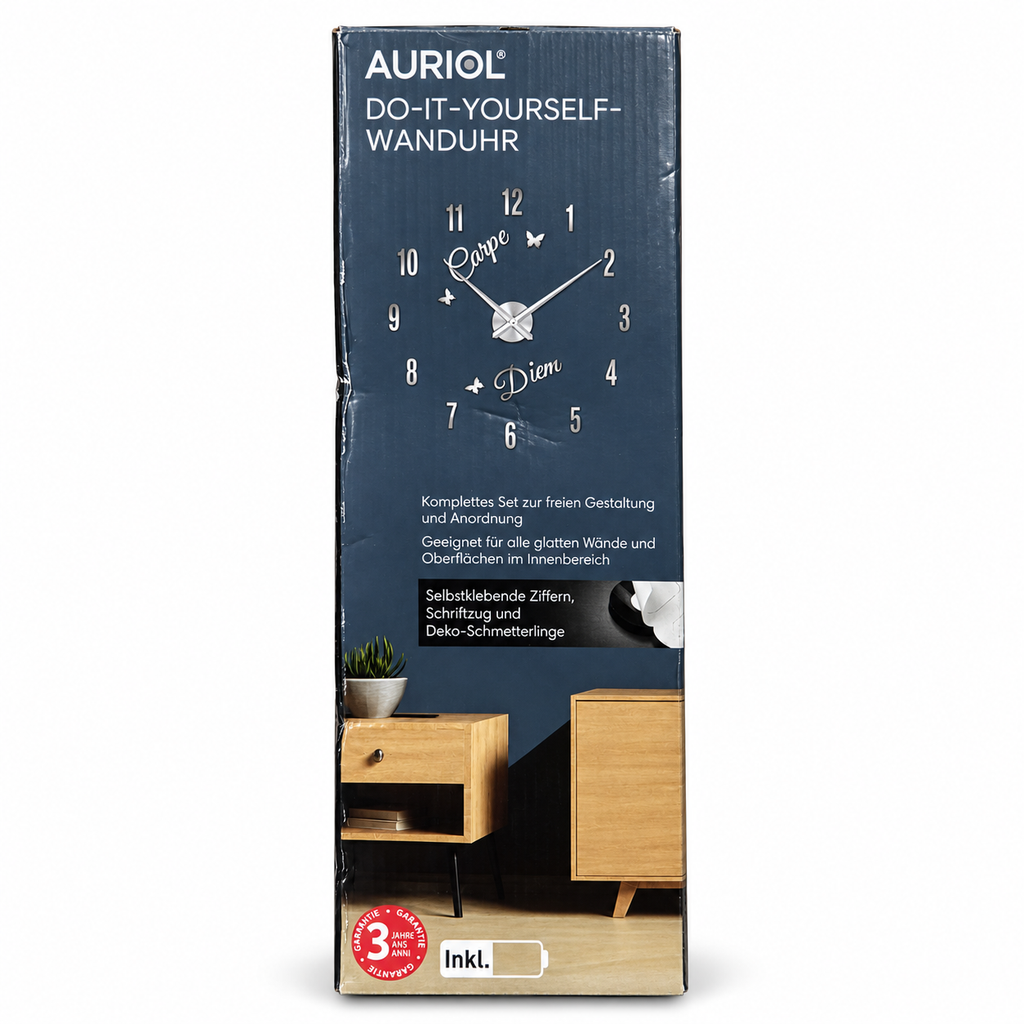 Reloj de pared Auriol Carpe Diem con números autoadhesivos: portada blanca