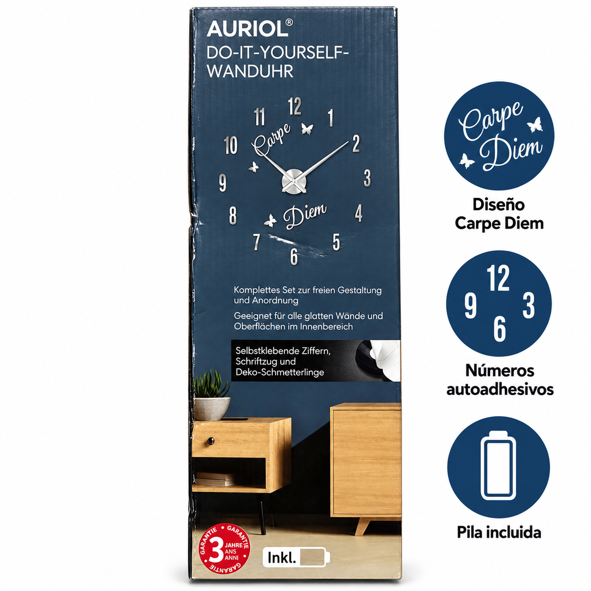 Reloj de pared Auriol Carpe Diem con números autoadhesivos: características confirmadas