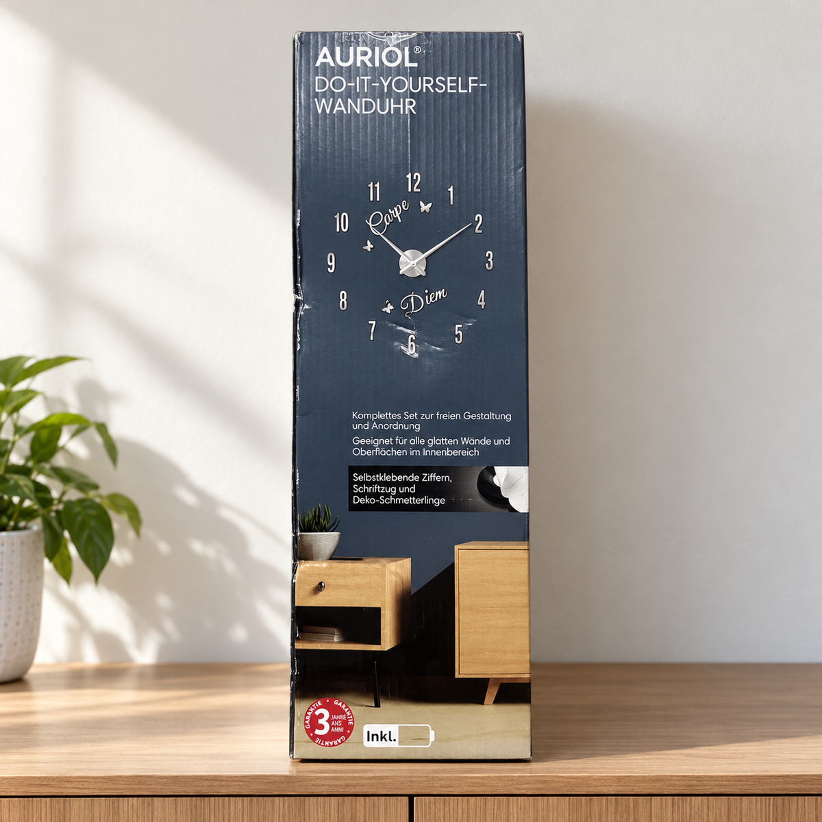 Reloj de pared Auriol Carpe Diem con números autoadhesivos: presentación en el hogar