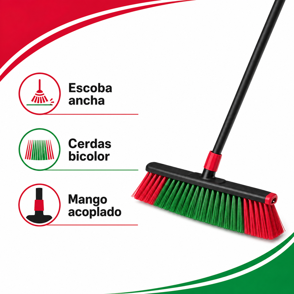 Escoba ancha con cerdas bicolor (rojo/verde) y mango acoplable