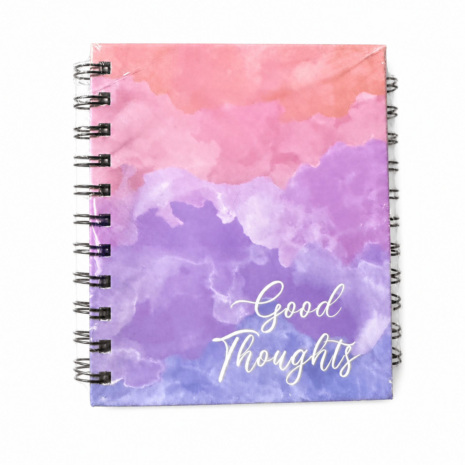 Cuaderno espiral Good Thoughts con portada de mensaje positivo y apertura plana