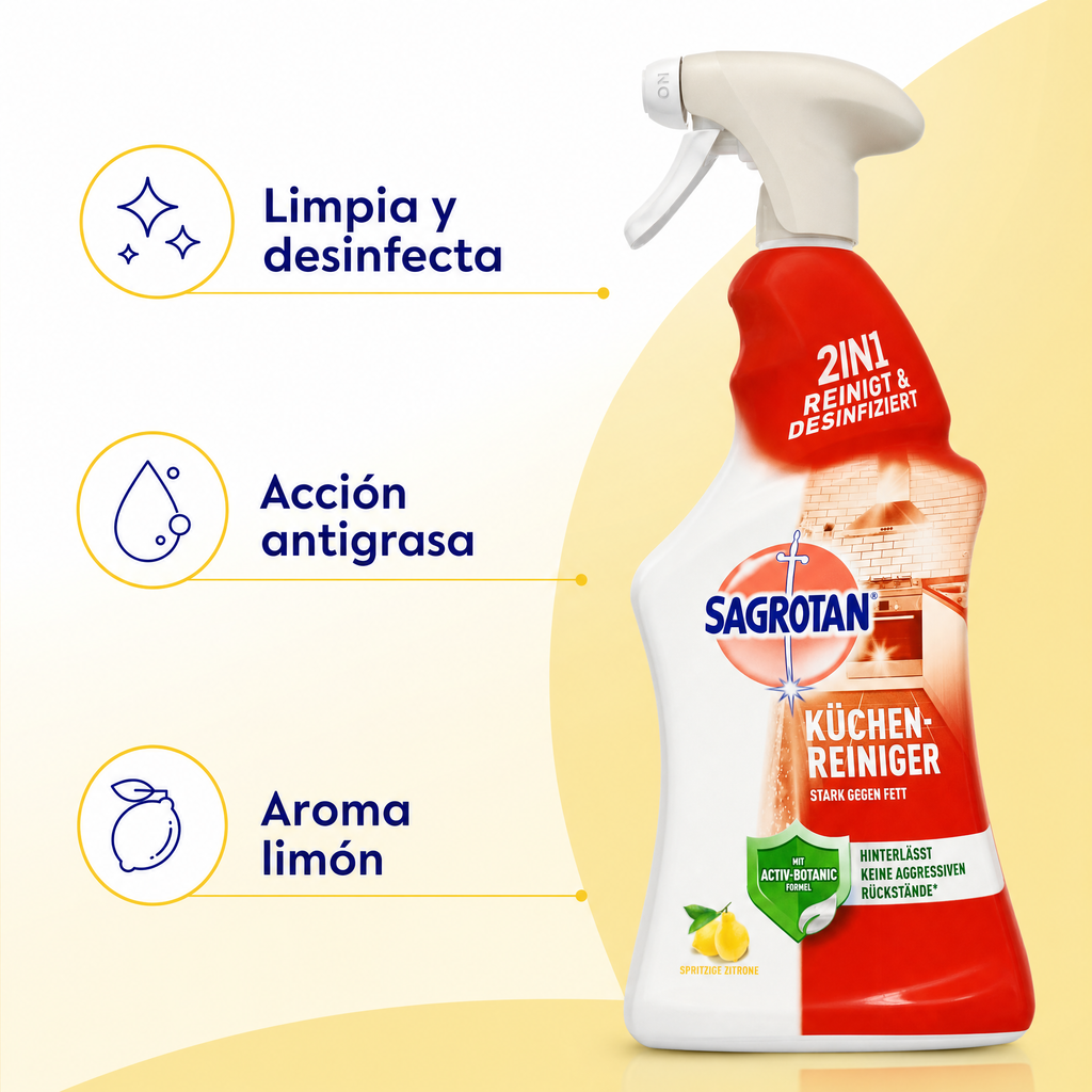 Sagrotan Limpiador de Cocina en spray — Desinfecta y antigrasa, aroma limón