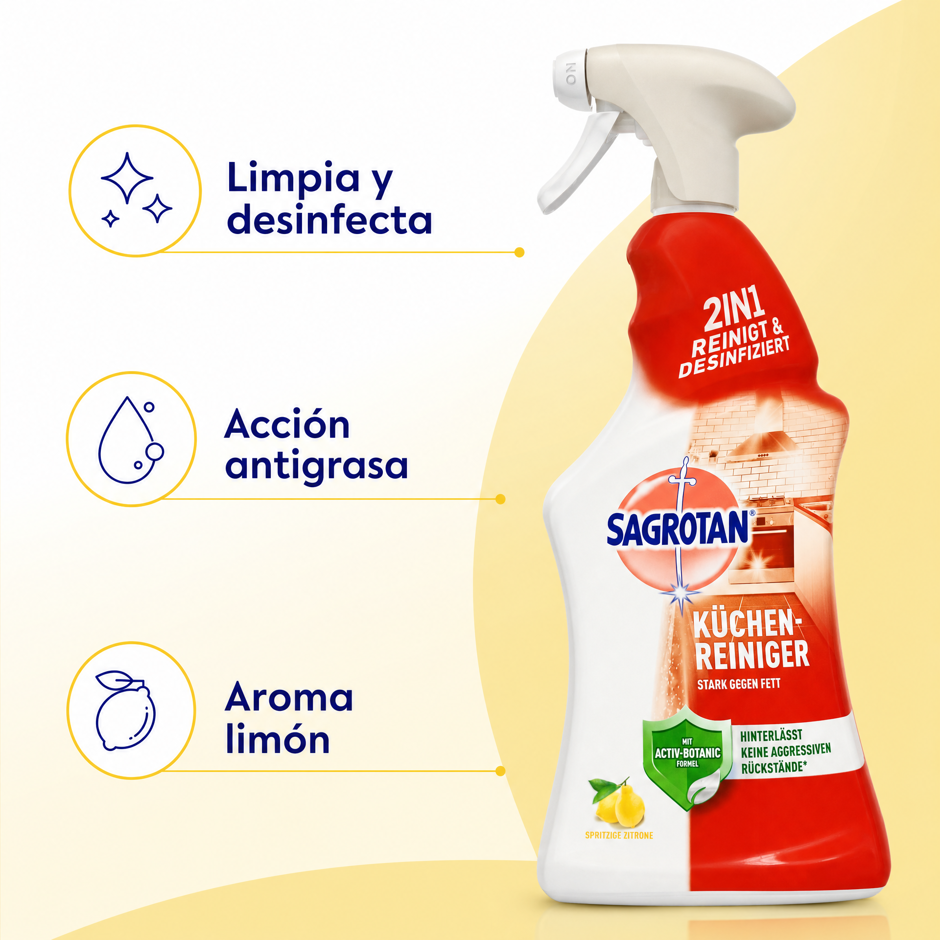 Sagrotan Limpiador de Cocina en spray — Desinfecta y antigrasa, aroma limón