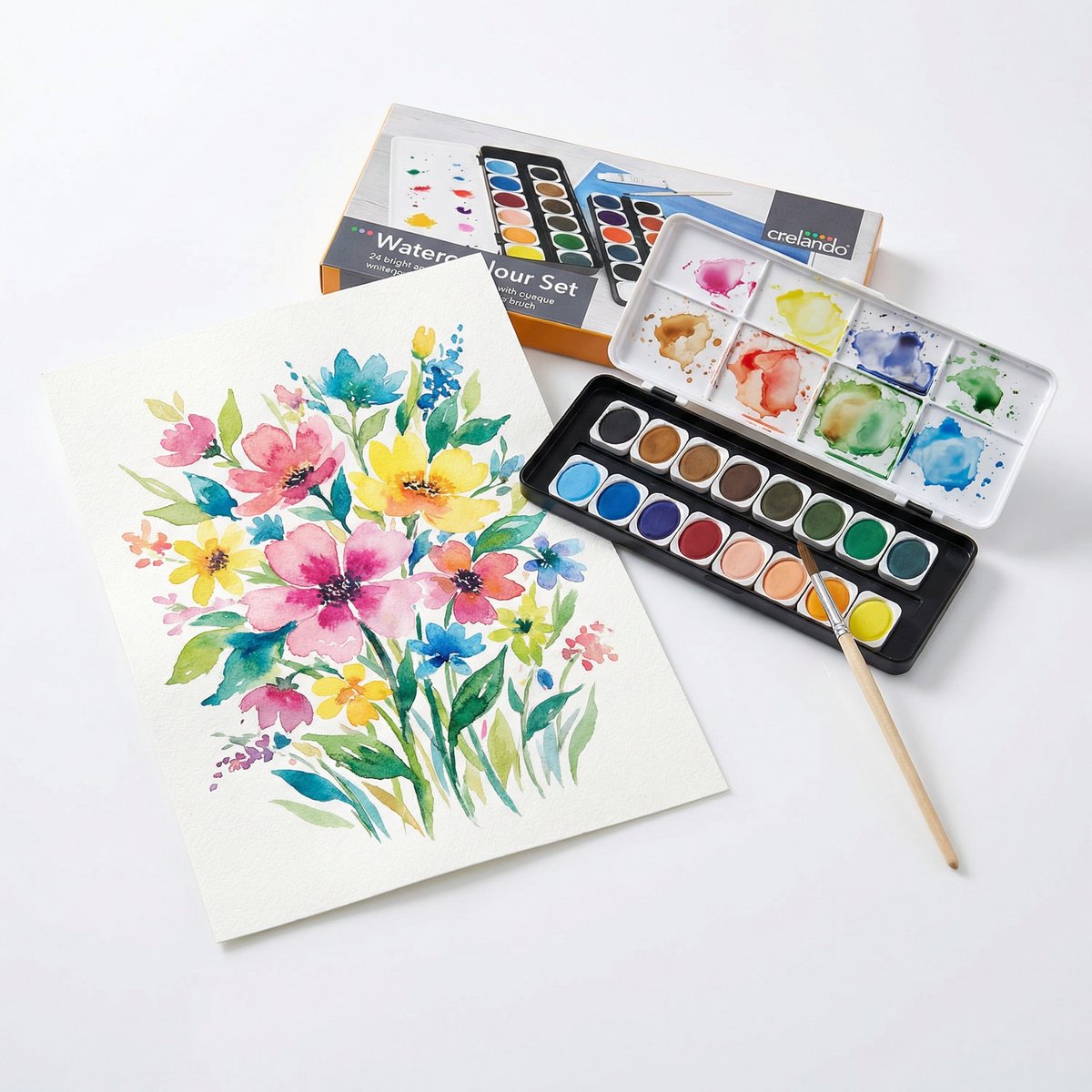 Set Acuarelas Pastilla 24 Colores con Pincel - Crelando