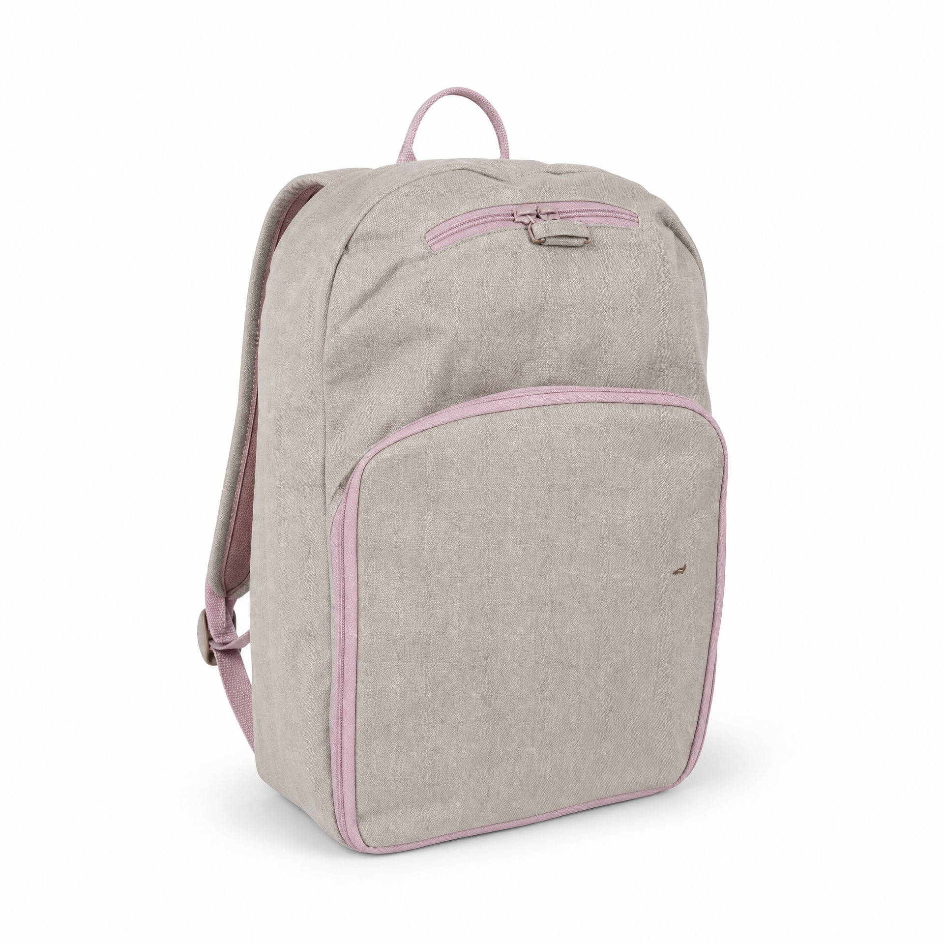 Mochila gris con ribetes y cremalleras rosas, bolsillo frontal y pequeña mancha
