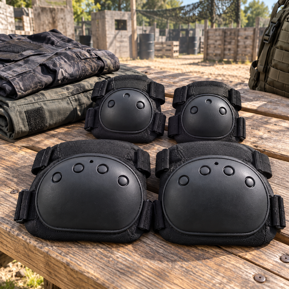 Set Aftermath Tactical SOCOM de rodilleras y coderas en entorno de airsoft
