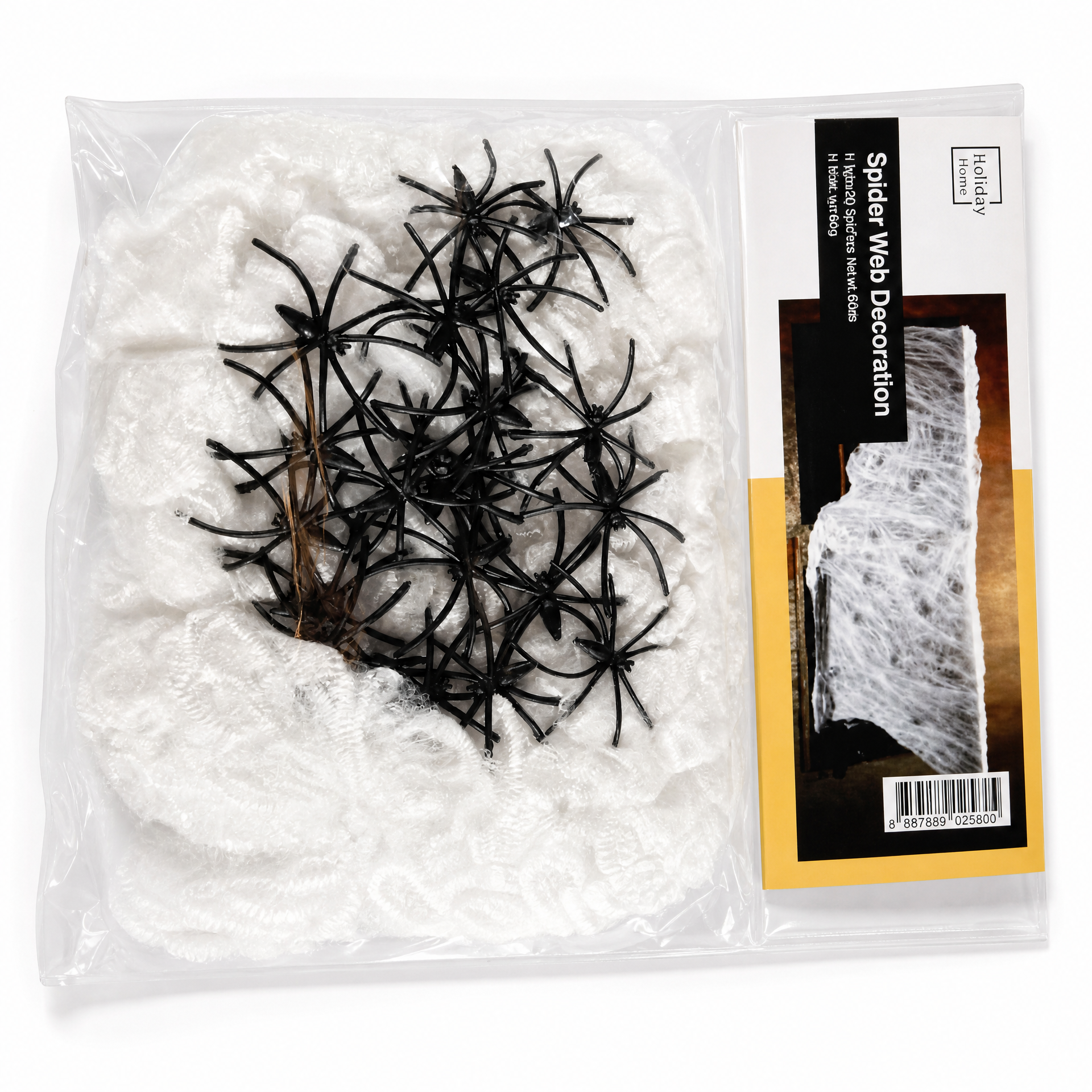 Decoración de Halloween: telaraña blanca con arañas negras