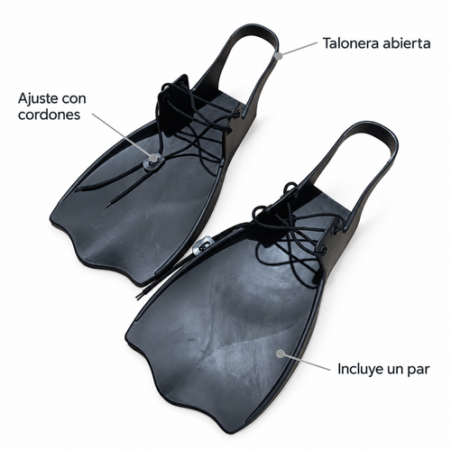 Características de las aletas: ajuste con cordones, talonera abierta e incluye un par