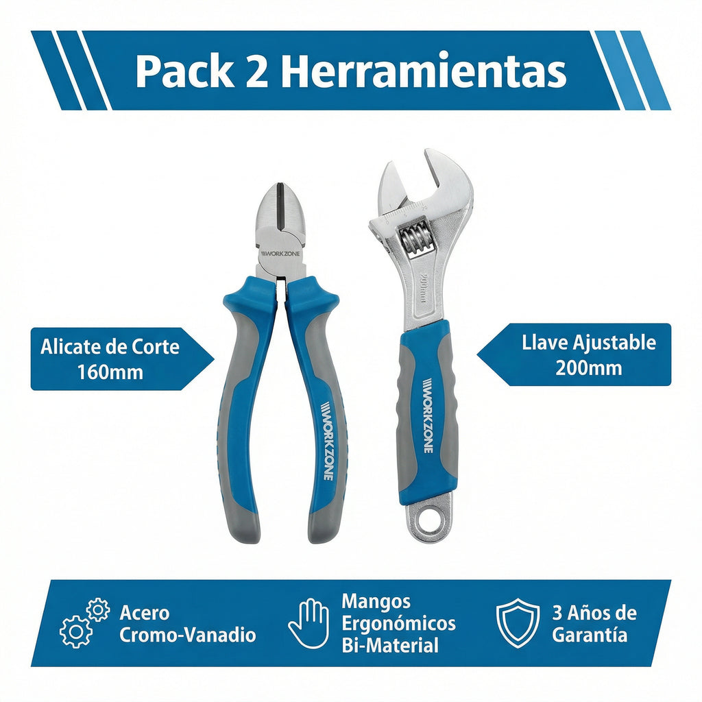 Pack Alicate de Corte 160mm + Llave Ajustable 200mm | Workzone