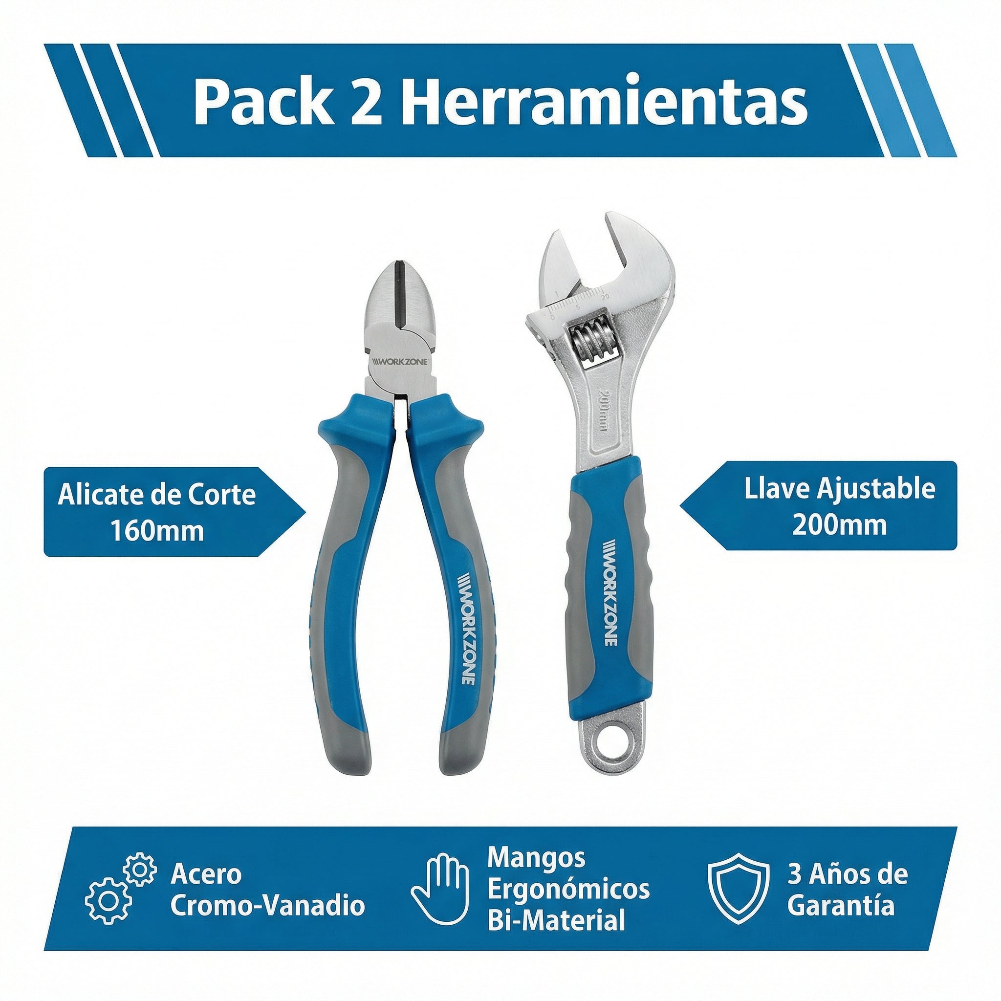Pack Alicate de Corte 160mm + Llave Ajustable 200mm | Workzone