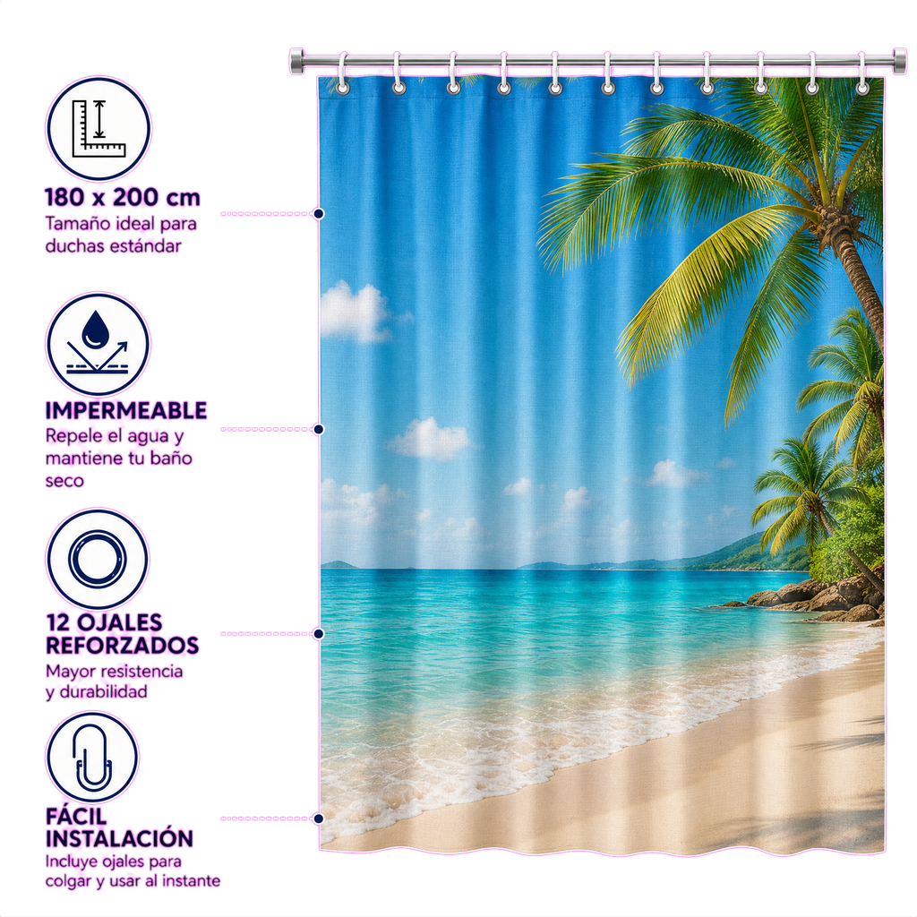Miomare Cortina de Ducha Textil 180x200cm Diseño Playa Tropical