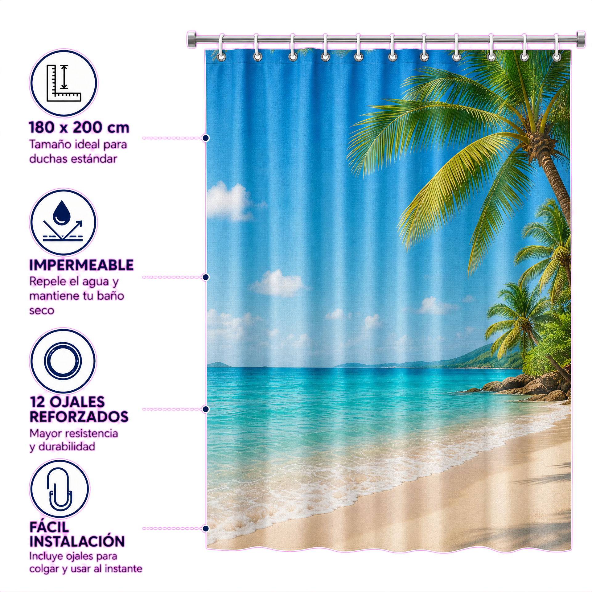 Miomare Cortina de Ducha Textil 180x200cm Diseño Playa Tropical